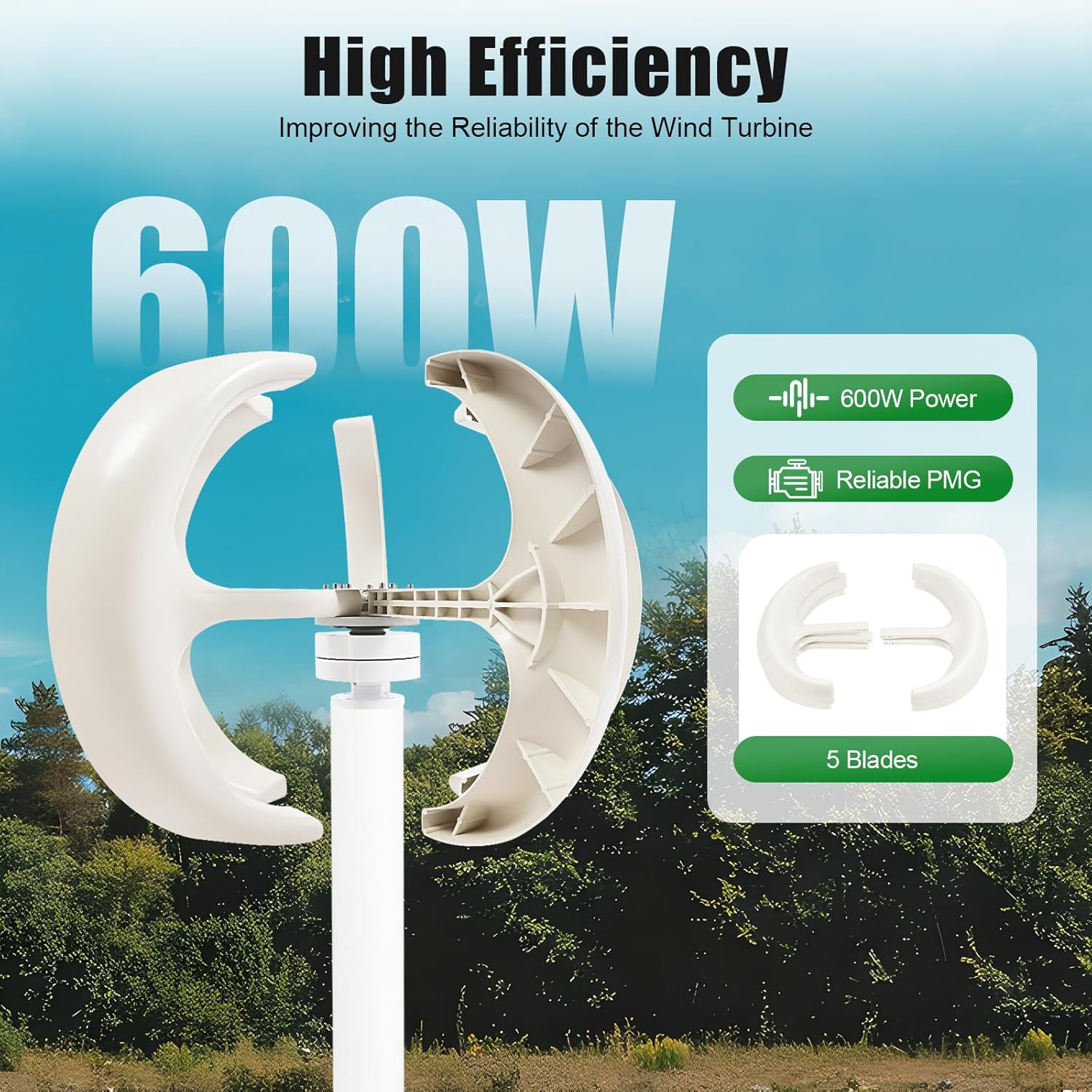 Lantern Wind Turbine Generator, 5-Blade Vertical Axis Wind Power with Controller and Flange Plate 600W 24V Electromagnetic System, 13m/s Rated Speed Wind Generators for Home Use (24 Volts)