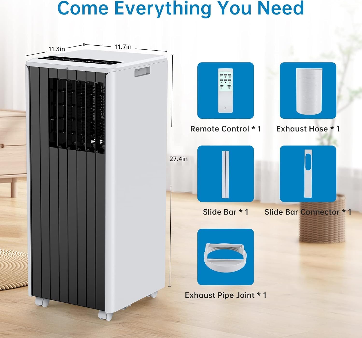 Portable Air Conditioner 8,000 BTU with Remote Control, Cools up to 350 Sq. Ft., LED Touch Panel, Built-in Dehumidifier and Fan, 3-in-1 Compact and Quiet Indoor AC Unit for Home, Office, Dorm, and RV
