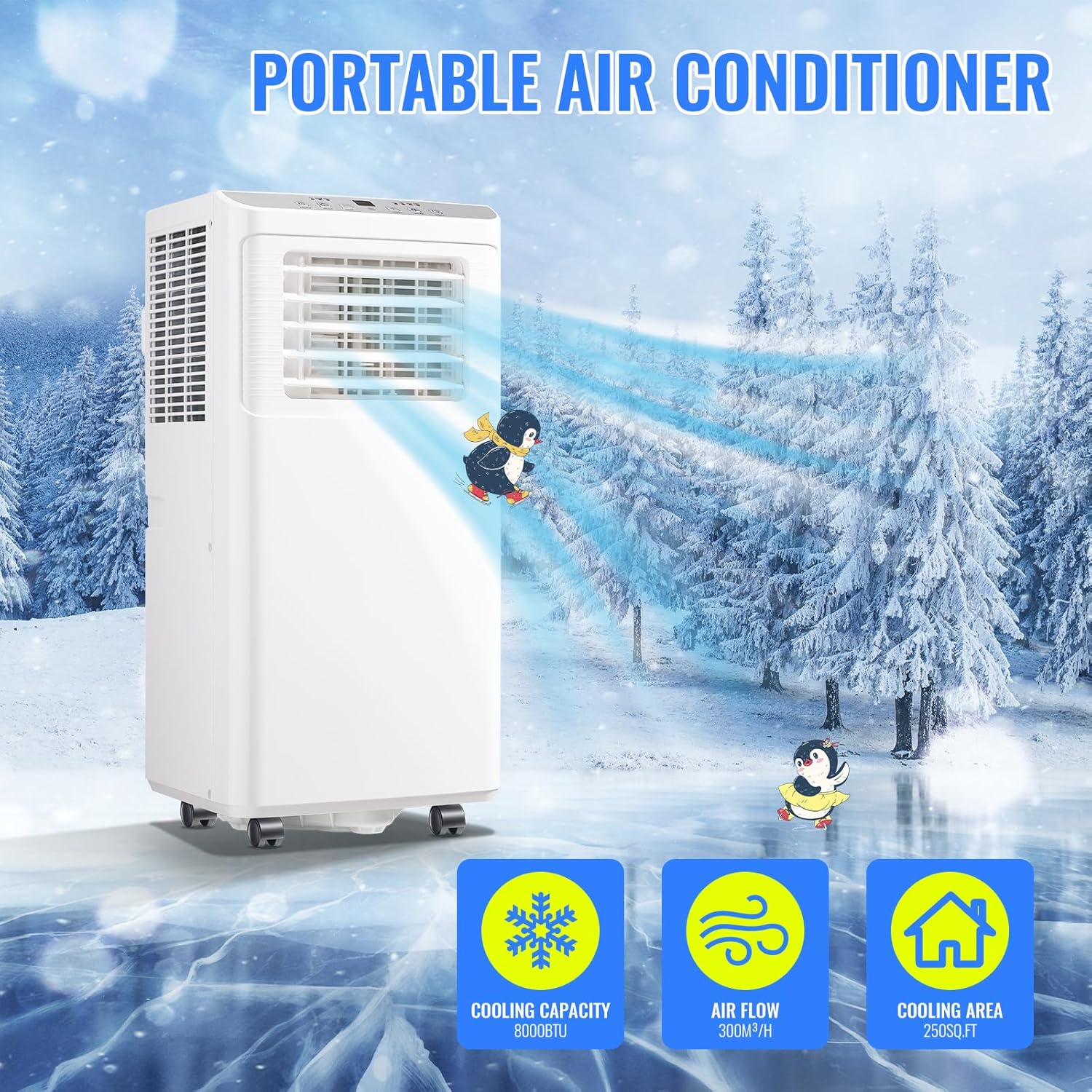 8000 BTU Portable Air Conditioner 3 In 1 AC Unit with Remote Control Dehumidifier, Fan Mode Suit for Room up to 250 Sq. ft White