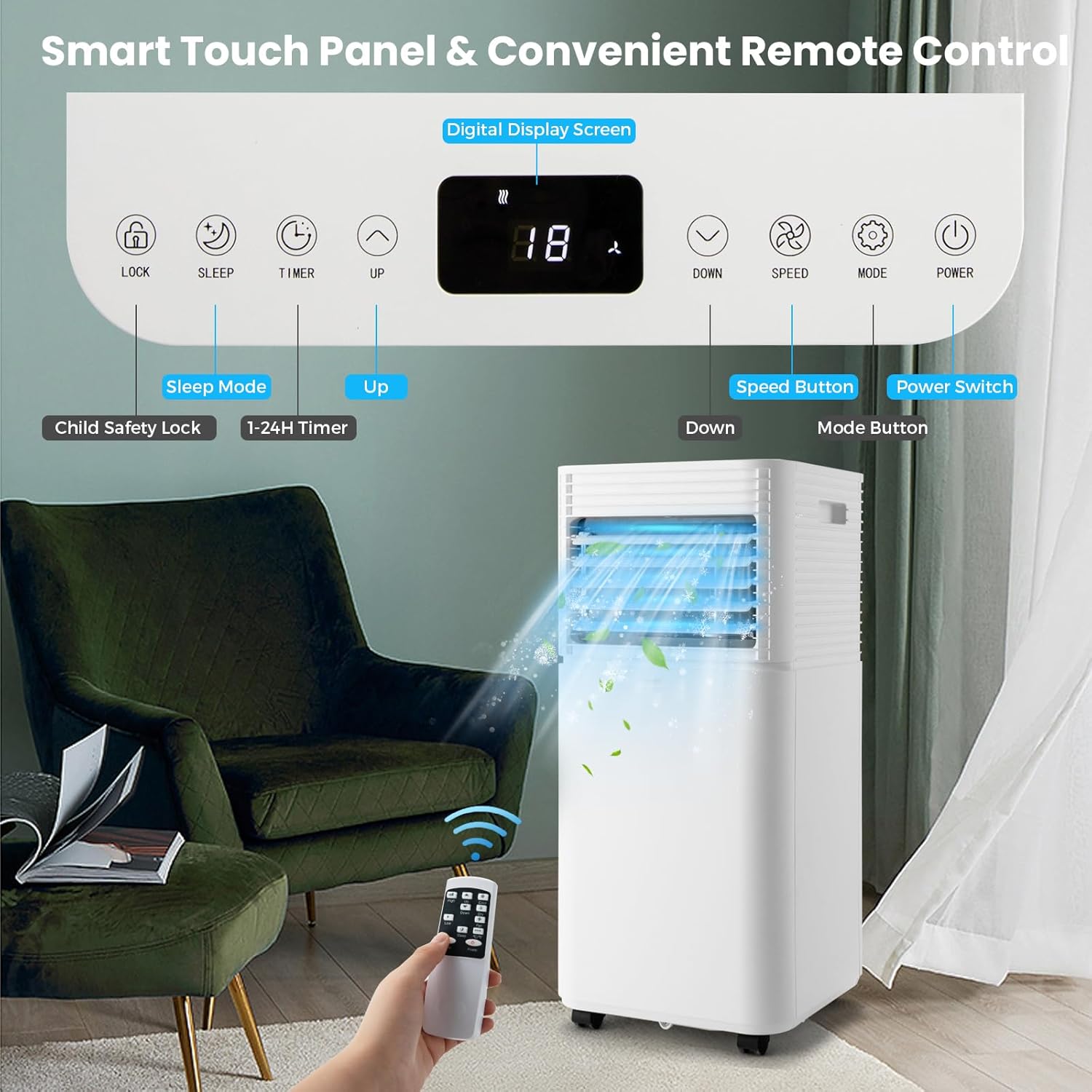 KOTEK Portable Air Conditioners, Air Conditioner for Rooms up to 230 Sq Ft, Ac Unit with Remote Control, 2 Speeds, 4 Modes, 24H Timer & Window Installation Kit for Home/Office/Dorms (White, 8000 BTU)