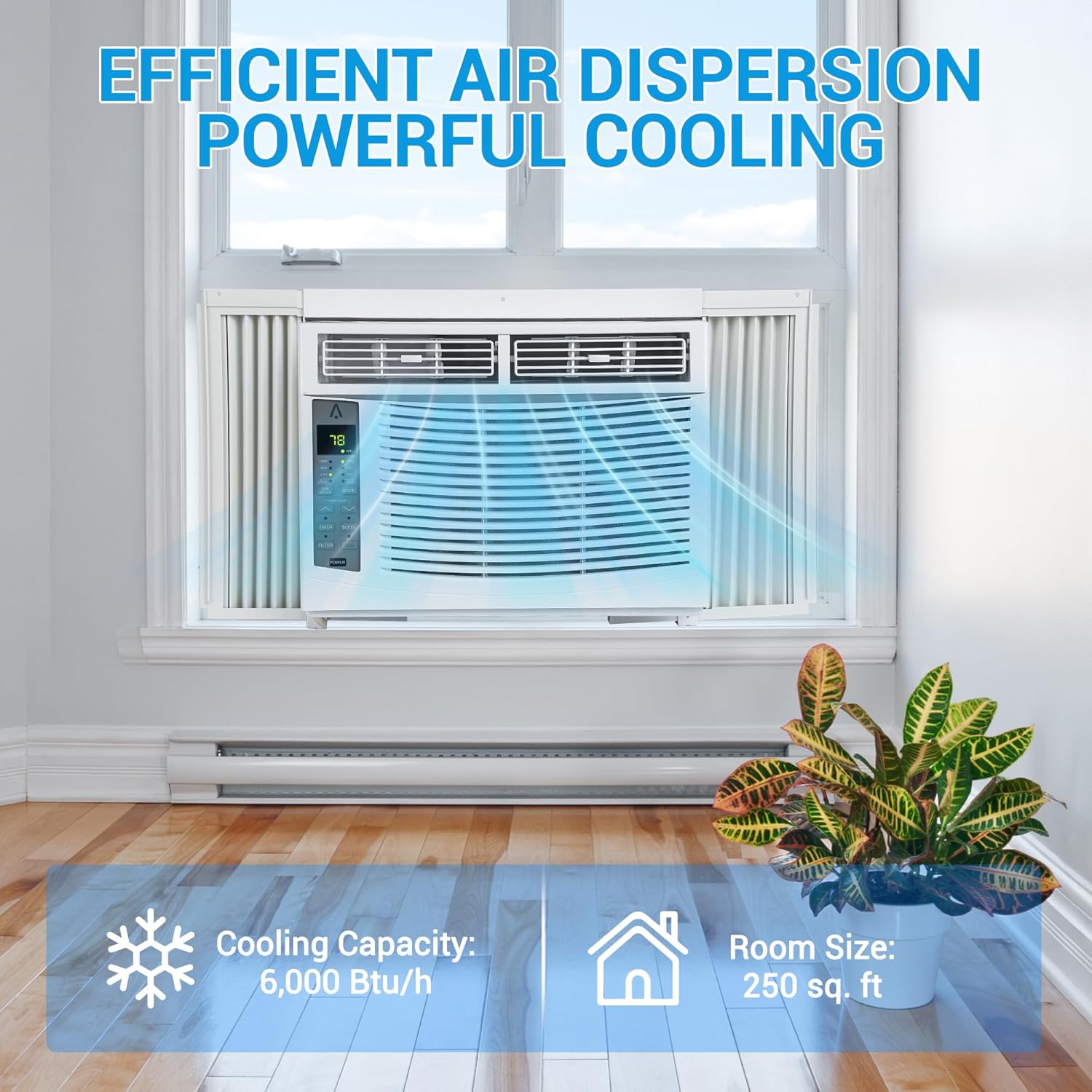 6000 BTU Window Air Conditioner with Remote & Smart App Control - Cools 250 Sq.Ft, Energy Efficient (11.5 CEER), 3 Fan Speeds, Easy Install Kit for Bedroom, Home, Office