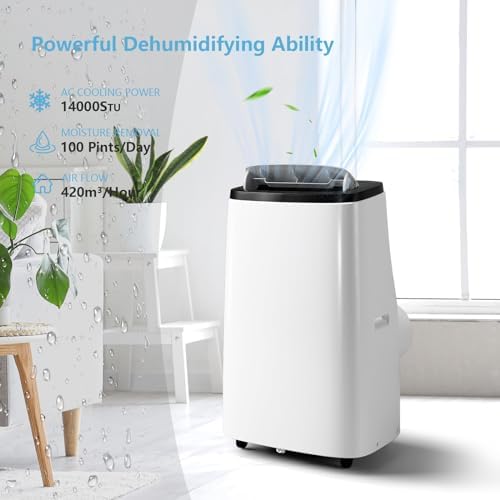 14000 BTU Portable Air Conditioner with Remote Control,Quiet AC Unit 3 in 1 Cooling/Dehumidifying/Fan Modes, Ideal for Rooms up to 700 sq ft,Window Installation Kit for Home