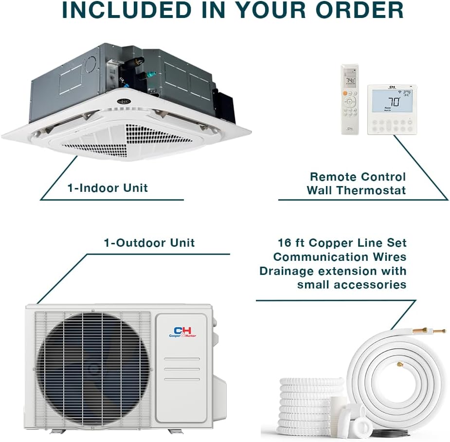 Cooper & Hunter 12,000 BTU Ceiling Cassette Ductless Mini Split Air Conditioner & Heat Pump – 21.1 SEER2 – Includes 25FT Installation Kit & Wall Thermostat – Cooling & Heating Inverter System