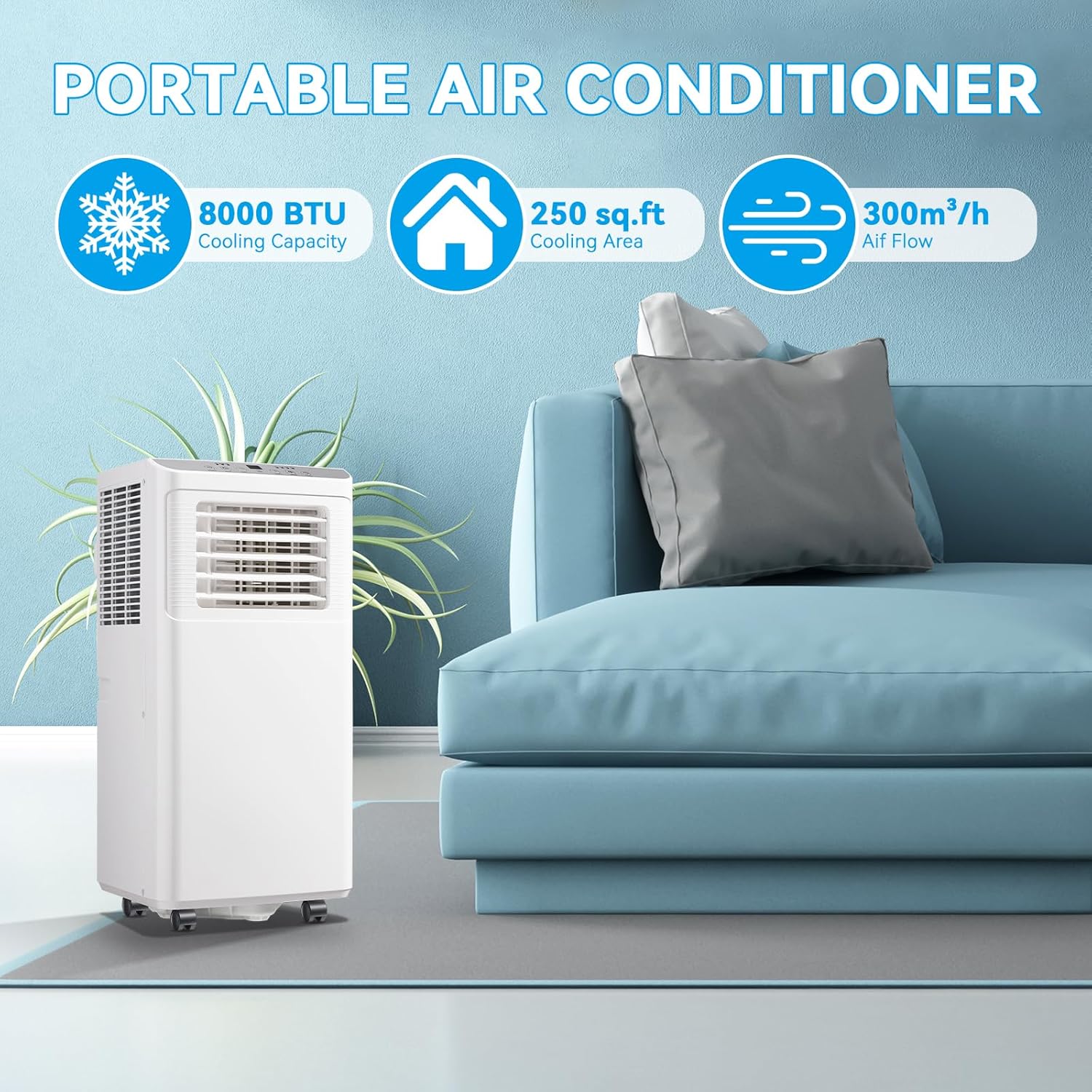 WANAI 8000 BTU Portable Air Conditioners Cools Up to 250 Sq.Ft, 3-in-1 Portable AC Units with Remote Control, Dehumidifier and Fan Mode, Suitable for Home, Dorms, Office, Apartment