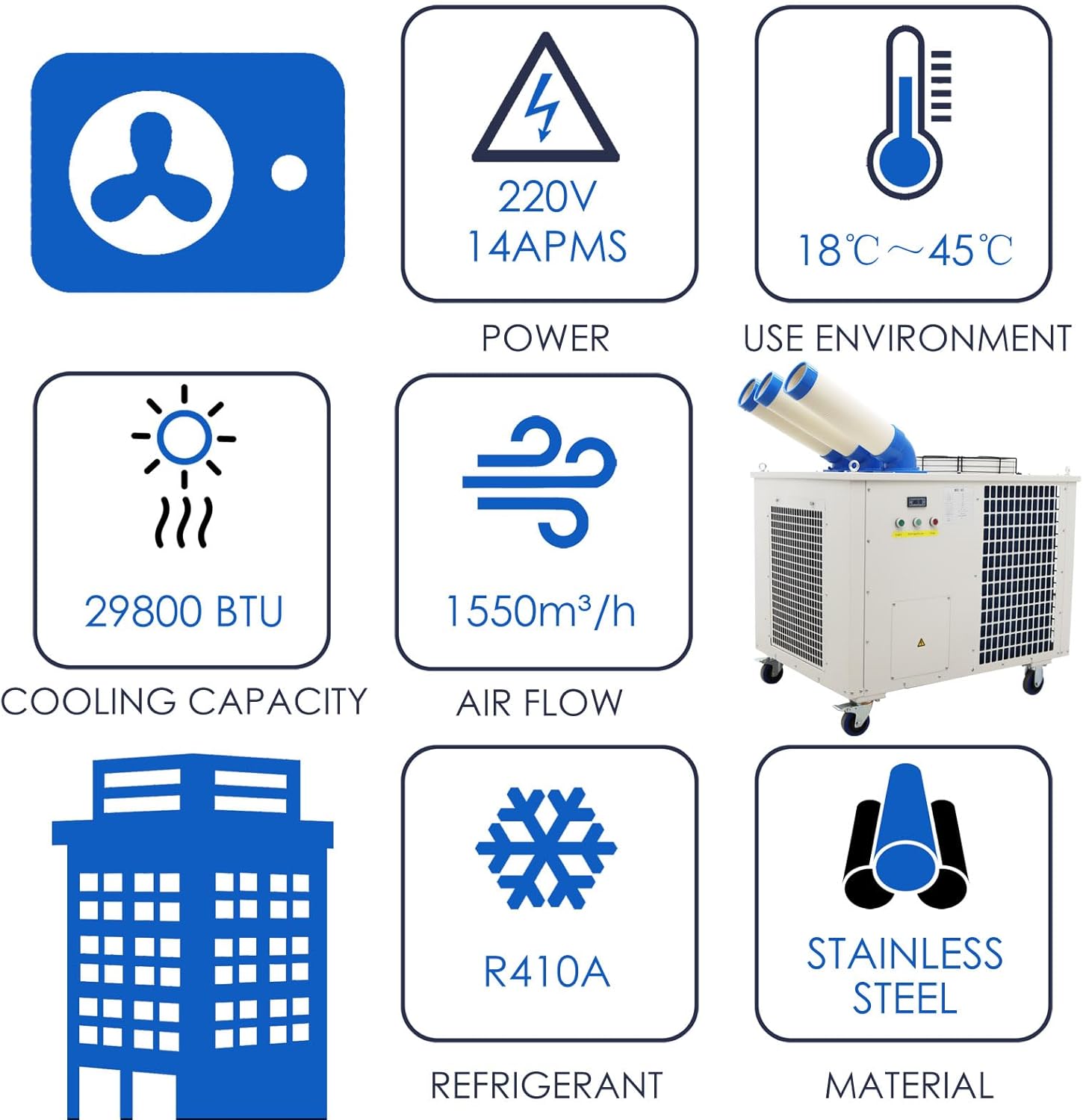 220V Commercial Portable Cooling Aircon 29,800 BTU Industrial Mobile Outdoor Spot Cooler Air Conditioner Three Columns 1550m³/h 3150W