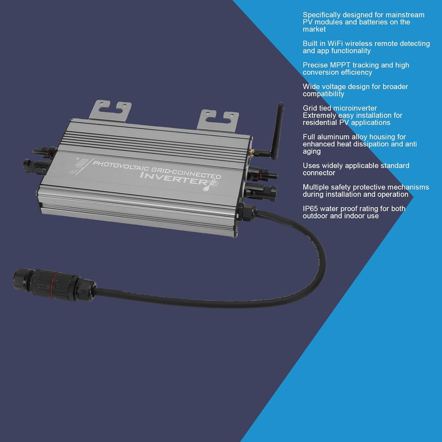 Grid Tie Inverter, 1250W WiFi PV Battery Mode IP65 Water Proof Smart Grid Tie Converter for Home Generation System