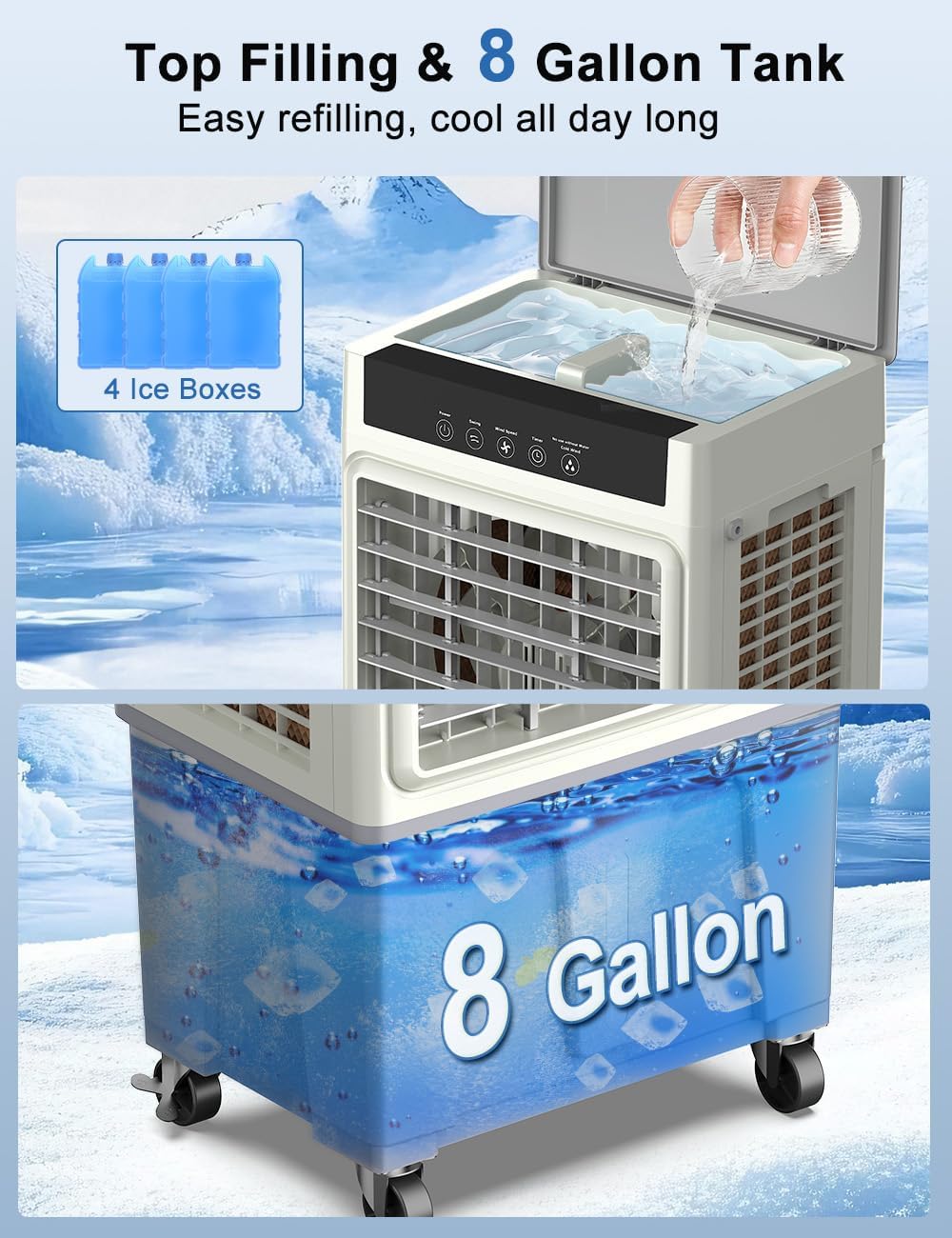 Swamp Cooler Air Conditioner, Evaporative Air Cooler, 24H Timer & 8 Gal Water Tank, 100°Oscillation, 3 Speeds&4 Ice Boxes, Portable Cooling Fan for Garage Outdoor Indoor