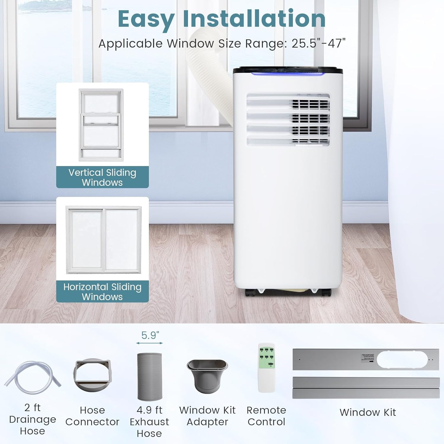 KOTEK Portable Air Conditioner for Room up to 250 Sq. Ft, 8000 BTU 3-in-1 AC Unit for Bedroom with Dehumidifier/Fan/Cool/Sleep Mode, 24H Timer/Window Kit/Remote, Portable AC for Home Office (8000BTU)