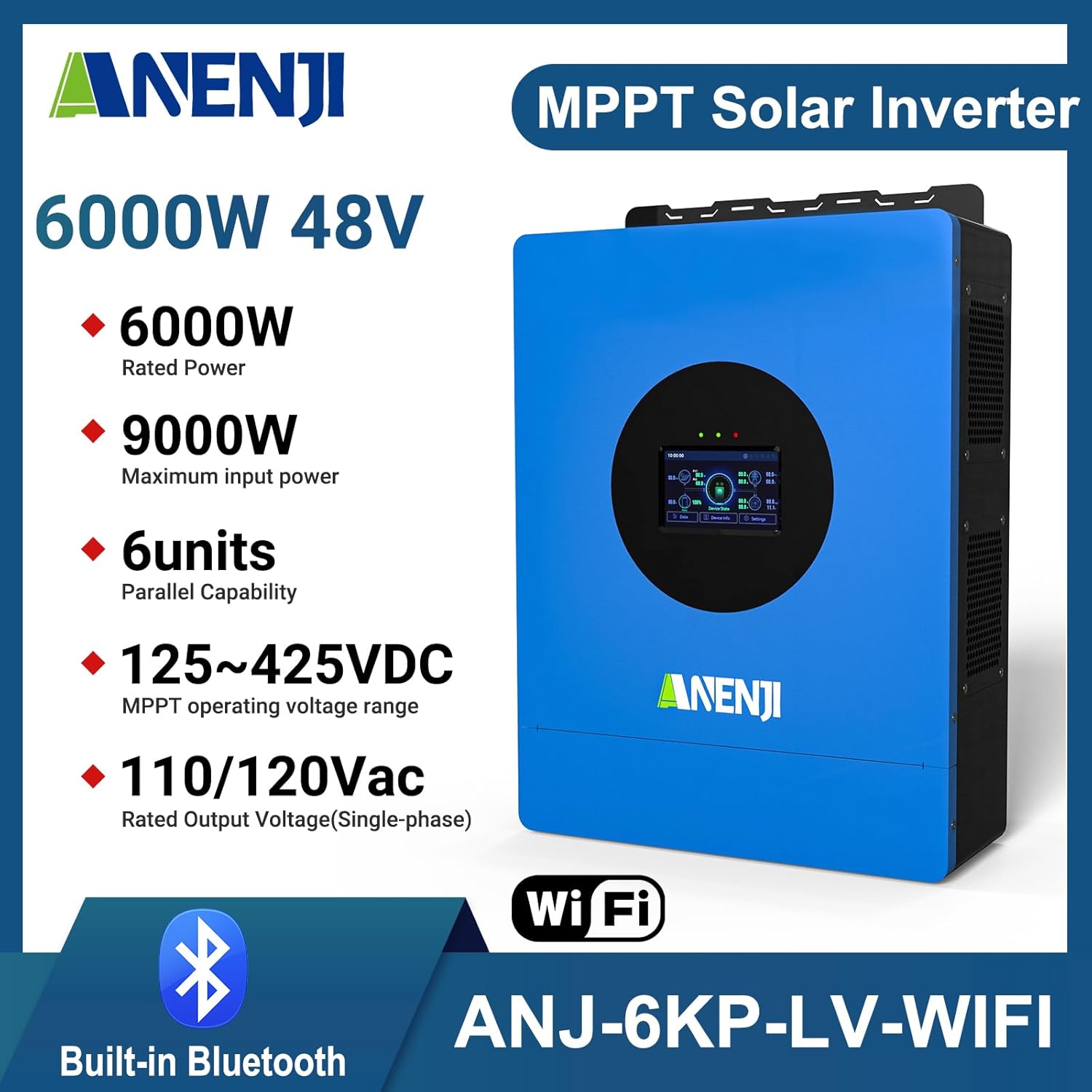 Hybrid Solar Inverter 6KW 48V Split Phase 120V Dual MPPT Charger Parallel,Max PV Charging Current 120A,Max. PV Input 9KW 500VDC, Support 6 Units Parallel for Lead Acid, Li, Batteryless Run