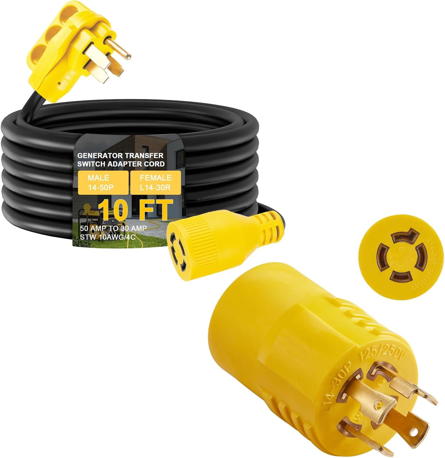 10 FT NEMA 14-50P to L14-30R Generator Transfer Switch Adapter Cord and Generator Adapter NEMA L14-30P to L14-20R