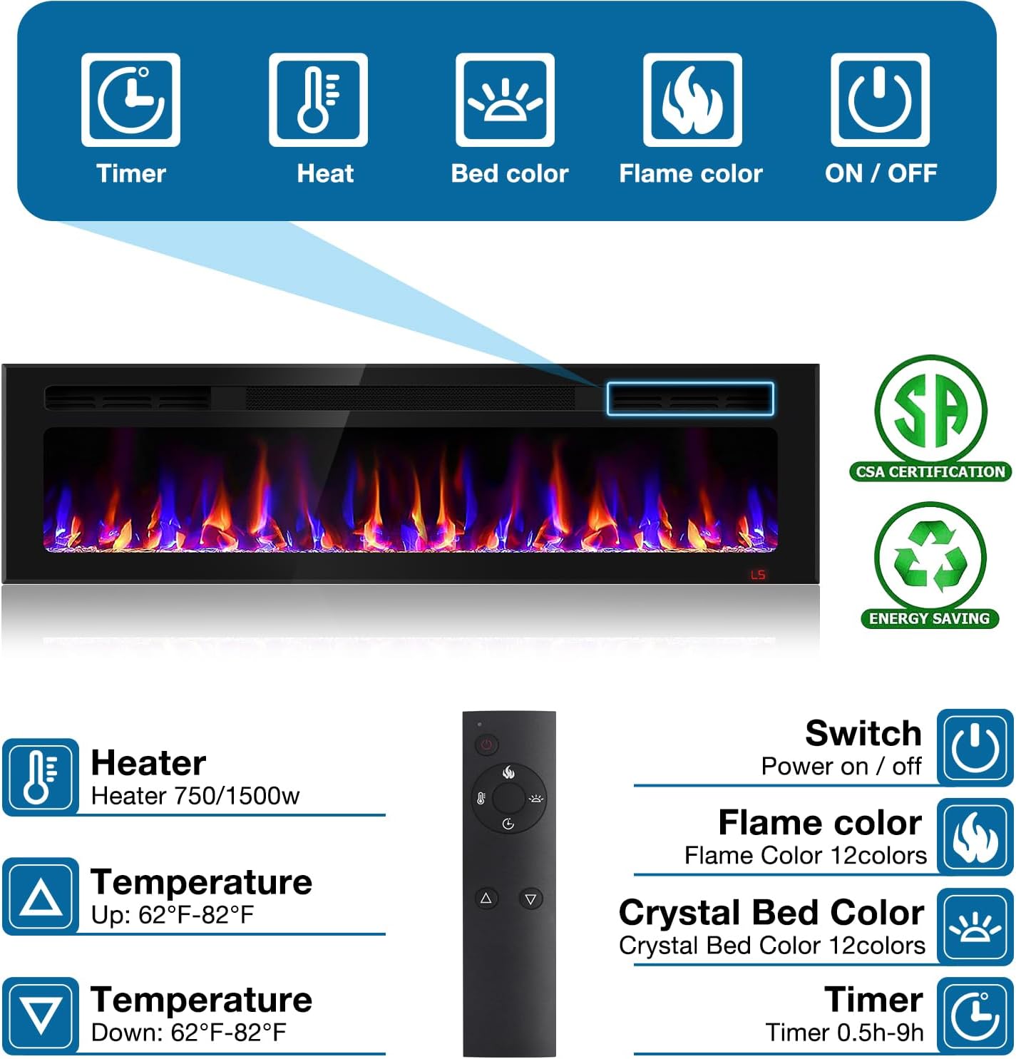 60 Inch Electric Fireplace Recessed and Wall Mounted, Fireplace Heater and Linear Fireplace, Ultra-Thin Electric Fireplace, Low Noise, with Timer, Remote Control, Adjustable 12 Flame Color, 750/1500W