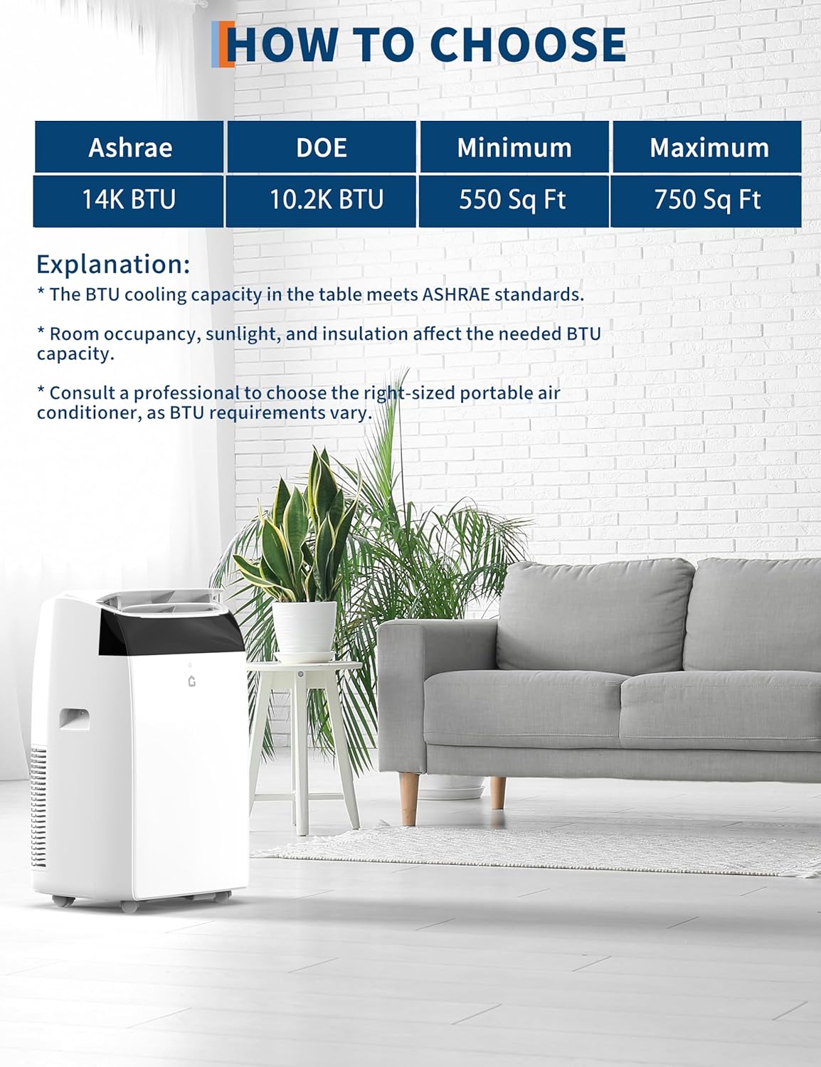 14,000 BTU Portable Air Conditioners - 3 in-1 Standing AC Units Powerful Quiet Smart Air Conditioning Cools Within 750 Sq.Ft with Remote Control Dry/Fan Modes for Indoor Large Room Dorm