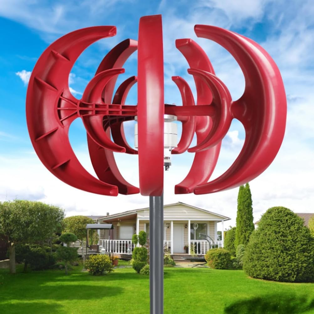 Red,12V,HYZHANHONG 220V Wind Turbine Generators Kit, 2000W Lantern Wind Turbine Generator, 5-Blade Vertical Axis Wind Turbine Generator with Controller (12V,24V,48V)