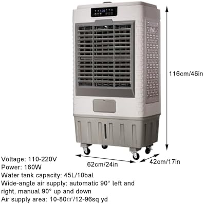 Portable Air Conditioners, Evaporative Cooler, with Remote and 12H Timer, 45L/10bal Water Tank, 3 Speeds, for Backyard, Garage, Patio