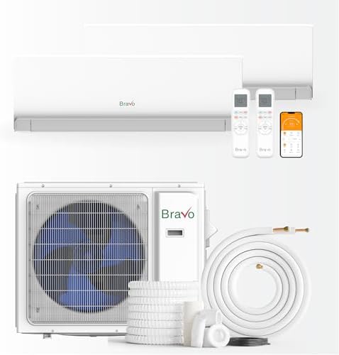 BRAVO 24,000 BTU Dual Zone 9000 + 18000 BTU Wall Mount, 23 SEER2 Ductless Mini Split AC & Heat Pump – Includes Smart Control & 16FT Installation Kits – Inverter System