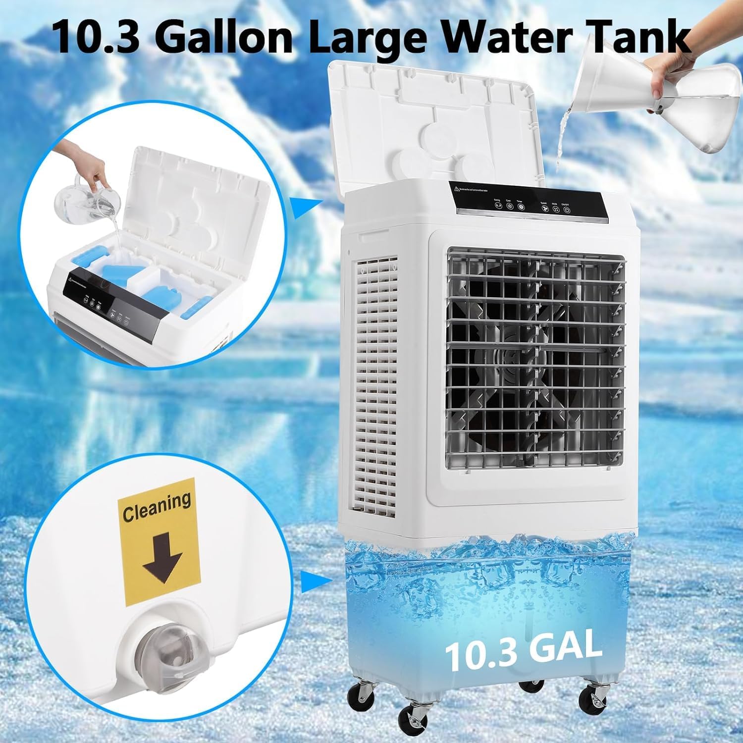 Evaporative Air Cooler, 3000 CFM Swamp Cooler with Remote Control, 10.3 Gallon Large Water Tank, 3 Speed Cooling Fan, 4 Ice Packs, Portable Air Conditioner for Room Garage Commercial