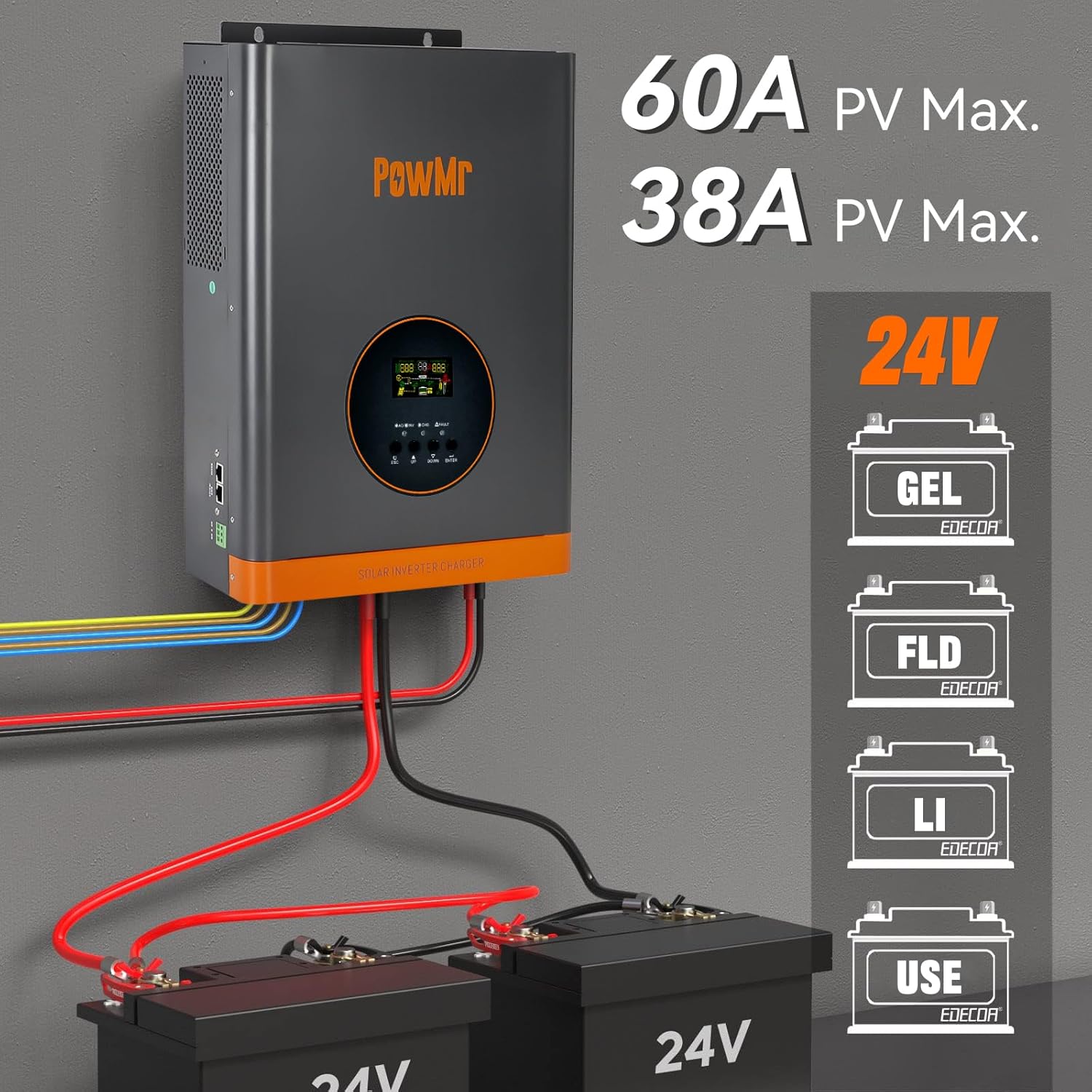 Hybrid Solar Inverter 3000W, 24VDC to 110/120VAC, Off Grid Low Frequency Inverter w/Peak 9000W, Max PV Array 1600W, PV Voc max 105 Vdc, 60A MPPT Charge Controller, for 24V Lead Acid & Lithium Battery