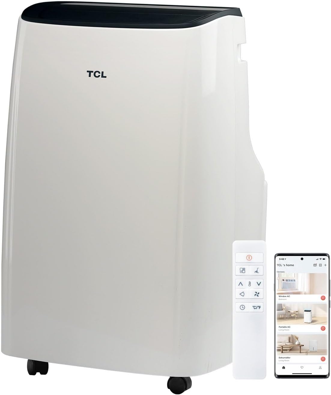 TCL H7P38W 7,000 SACC BTU Smart Portable Air Conditioner, Fan & Dehumidifier, 300 Sq. Ft, Ultra-Compact Design, Remote Control, Compatible with Alexa/Google Assistant, Install Kit Included, White