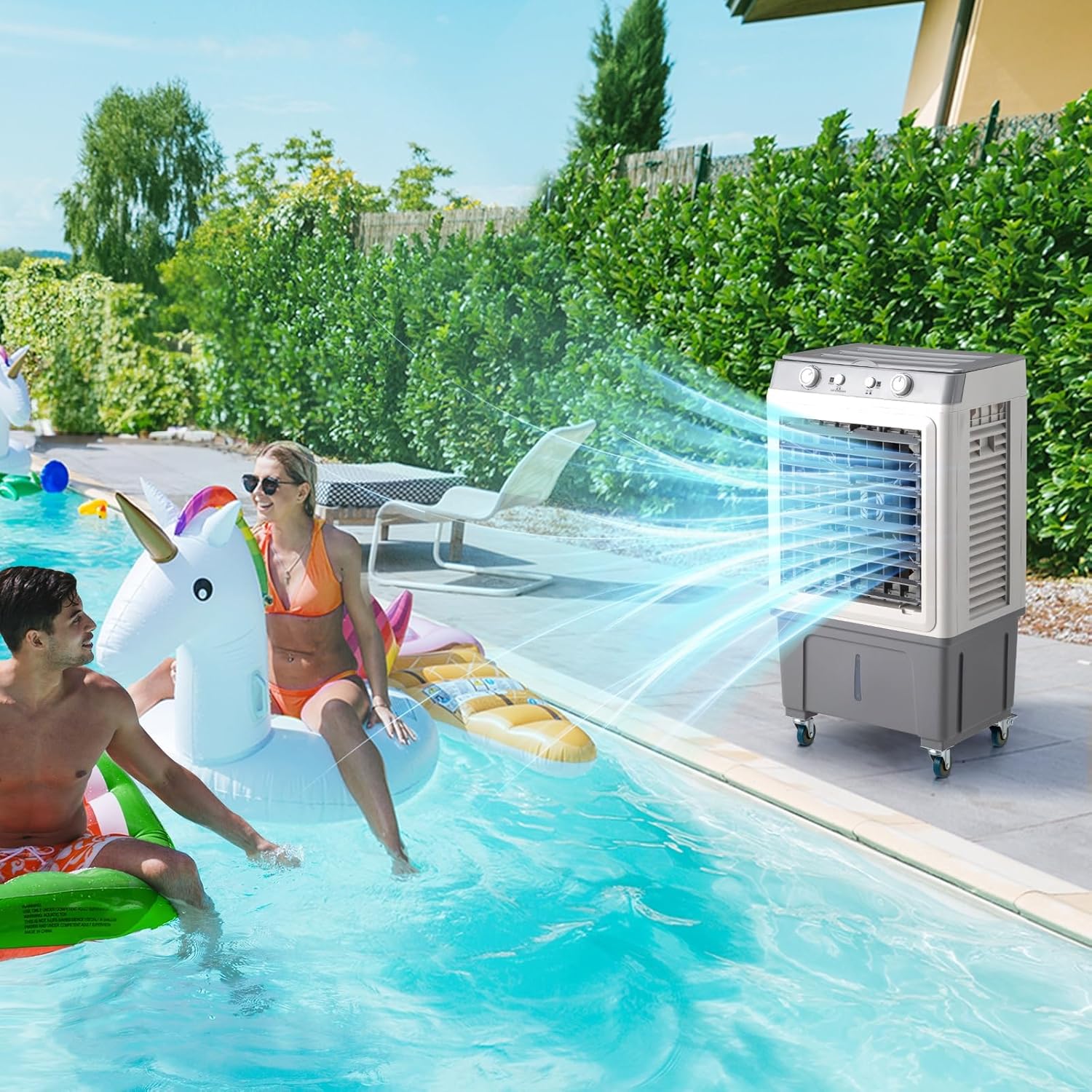 Portable Evaporative Air Cooler with 7.9 Gal Water Tank & 4 Ice Box, 2353CFM Swamp Coolers with Timer,3 Speeds, 90° Oscillation, 3 in 1 Portable Air Conditioner for Outdoor Kitchen Bedroom Office