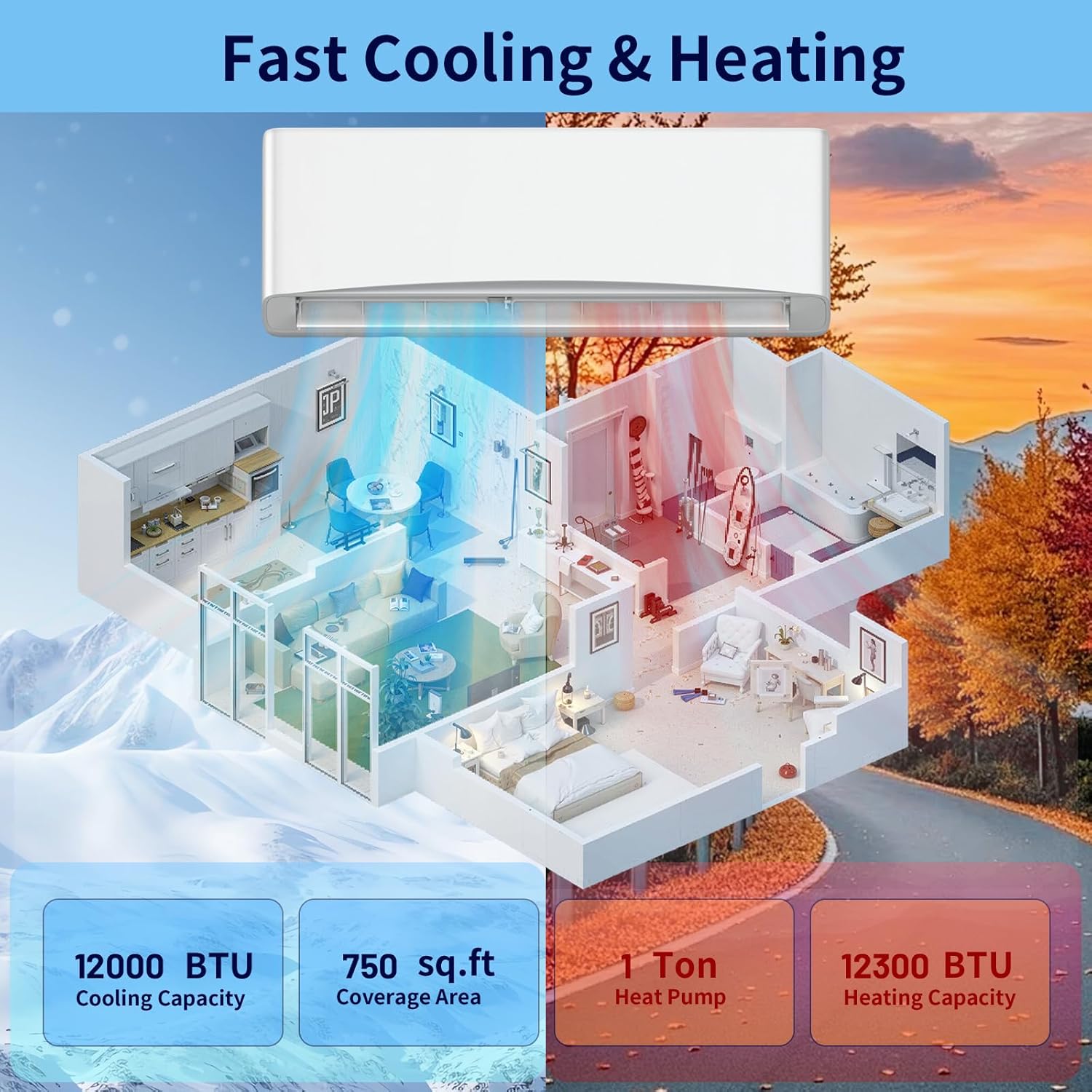 Mini Split AC/Heating System, Energy Efficient Inverter AC Unit with 1 Ton Heat Pump, 12000 BTU Air Conditioner, Coverage Area Up to 750 Sq.Ft 115V