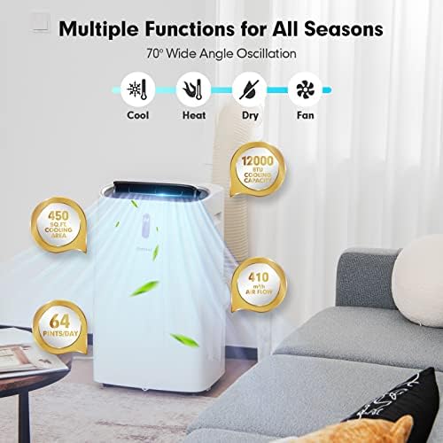 COSTWAY 12000BTU Portable Air Conditioner, 4-in-1 Oscillation Air Cooler with Cooling/Dehumidifier/Heater/Fan, 3 Speeds Fan for 450 sq.ft, Remote Control, WiFi Smart Control (12000BTU)