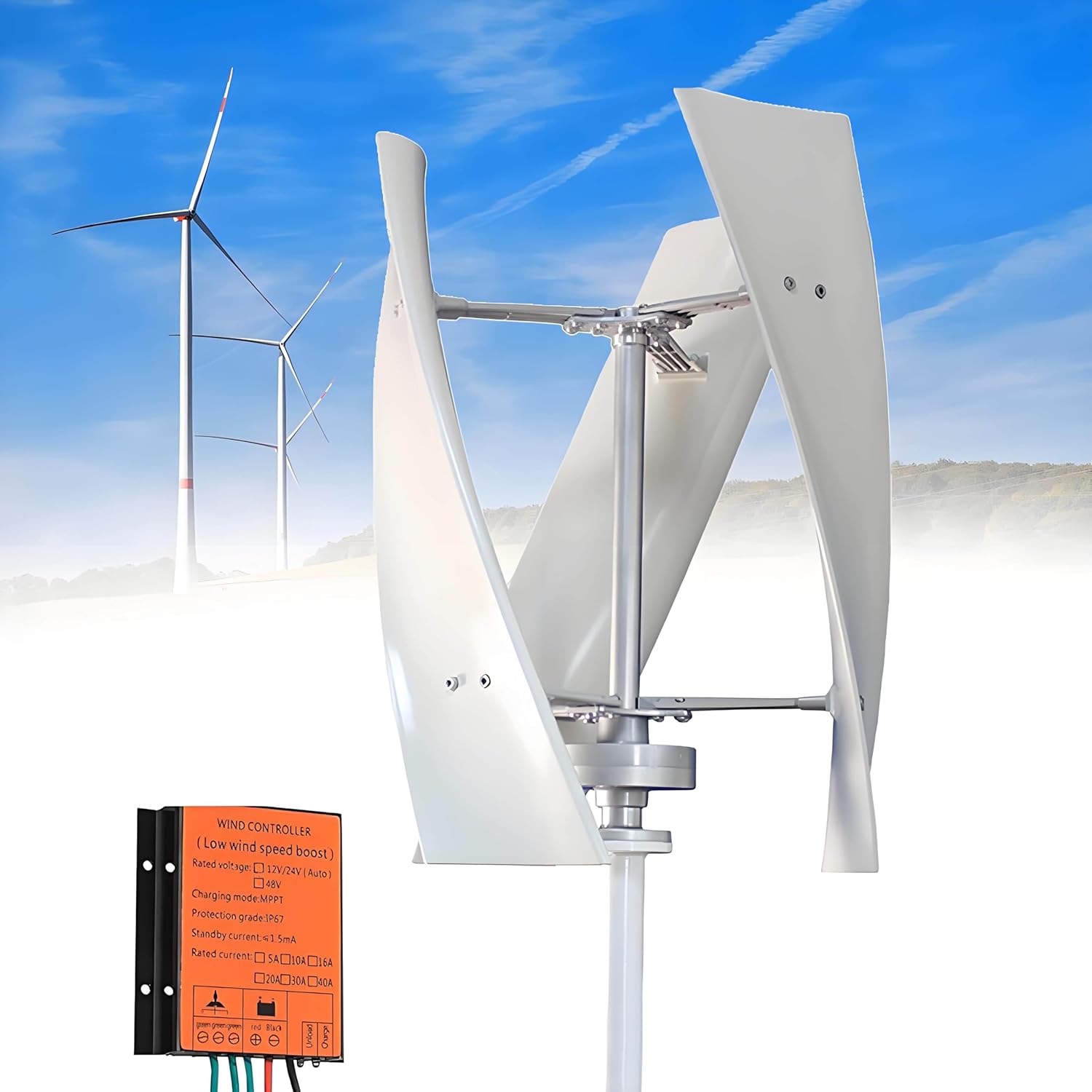 300W Upgraded Wind Vertical Axis Turbine Generator 12V 24V with MPPT Controller Wind Turbine Kit for Hybrid Wind Solar System 24V~300W