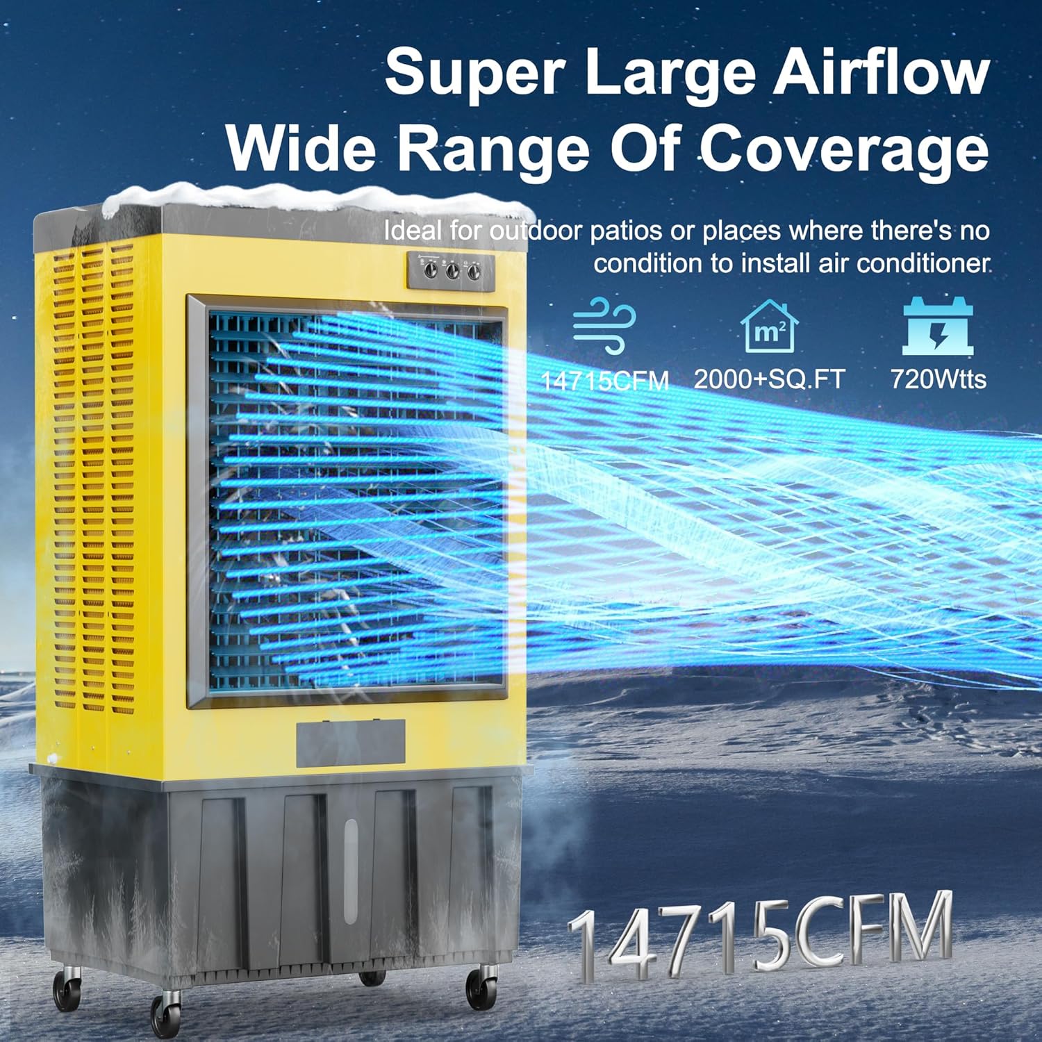 Swamp Cooler,14715 CFM Evaporative Air Cooler,52.8 Gal Water Tank Outdoor Air Conditioner,3 Speed,Suitable for Indoor & Outdoor Garage,Patio,courtyard,factory workshop,70inch,Yellow