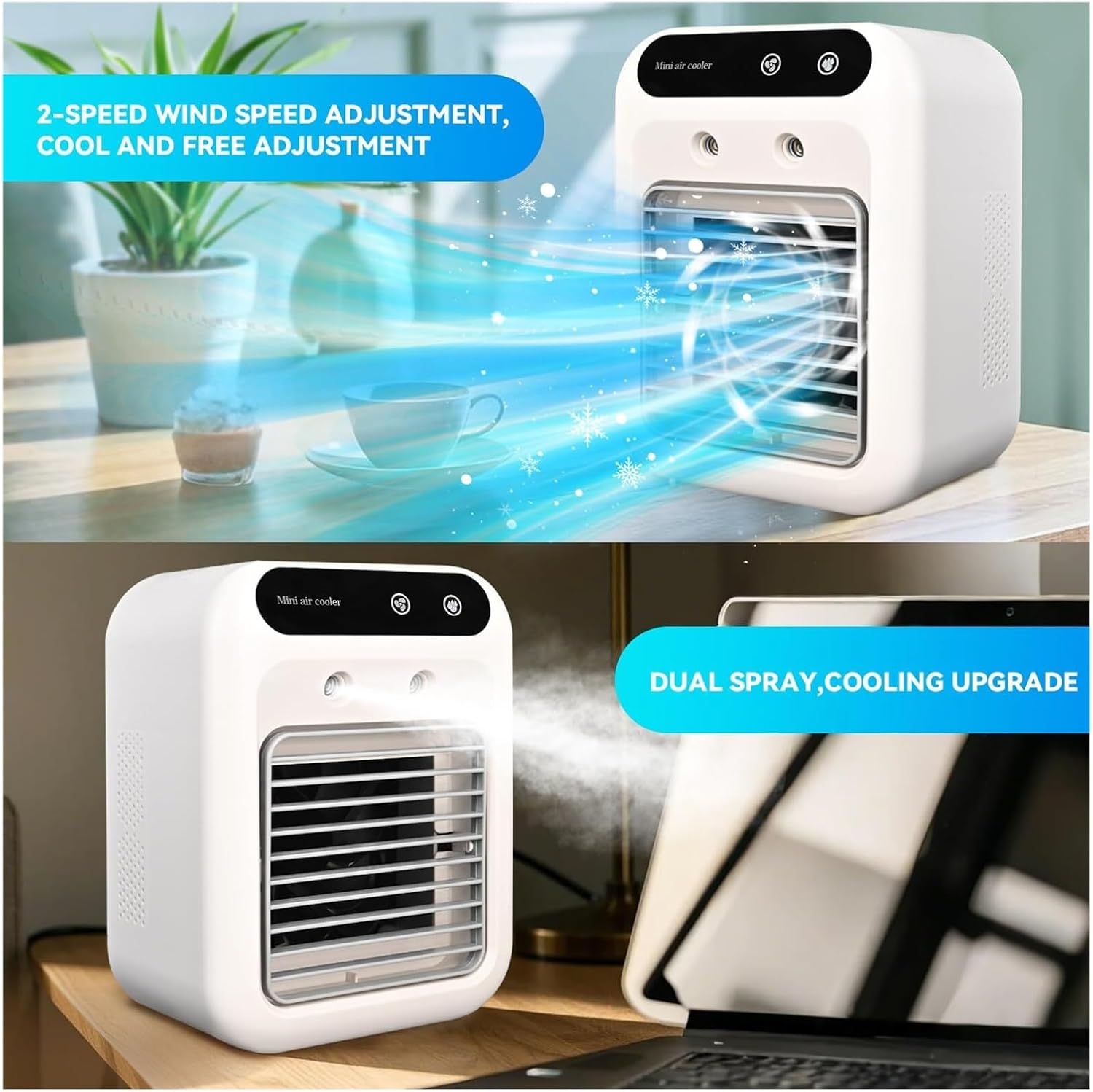 Portable Air Conditioner Fan, Personal Evaporative Air Cooler with 2 Speeds and 2 Cool Mists, Desktop Cooling Fan for Room Office Desk Camping or Car
