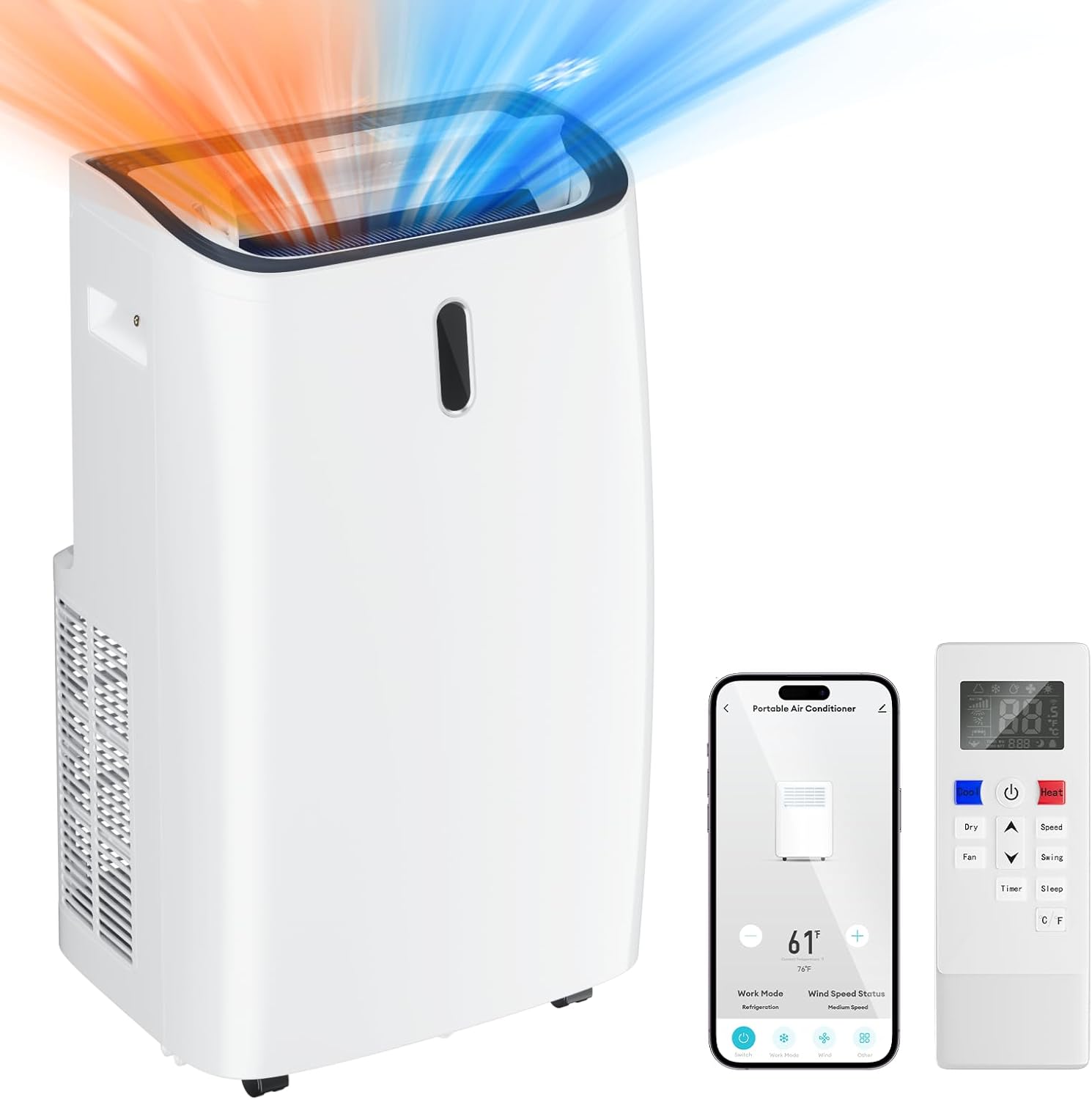 14000 BTU Portable Air Conditioner, 4-in-1 with Cool/Heat/Dry/Fan Functions, Wi-Fi Smart AC Unit with App& Remote Control, LED Display,Ideal for Bedroom, Living Room, Office(White)