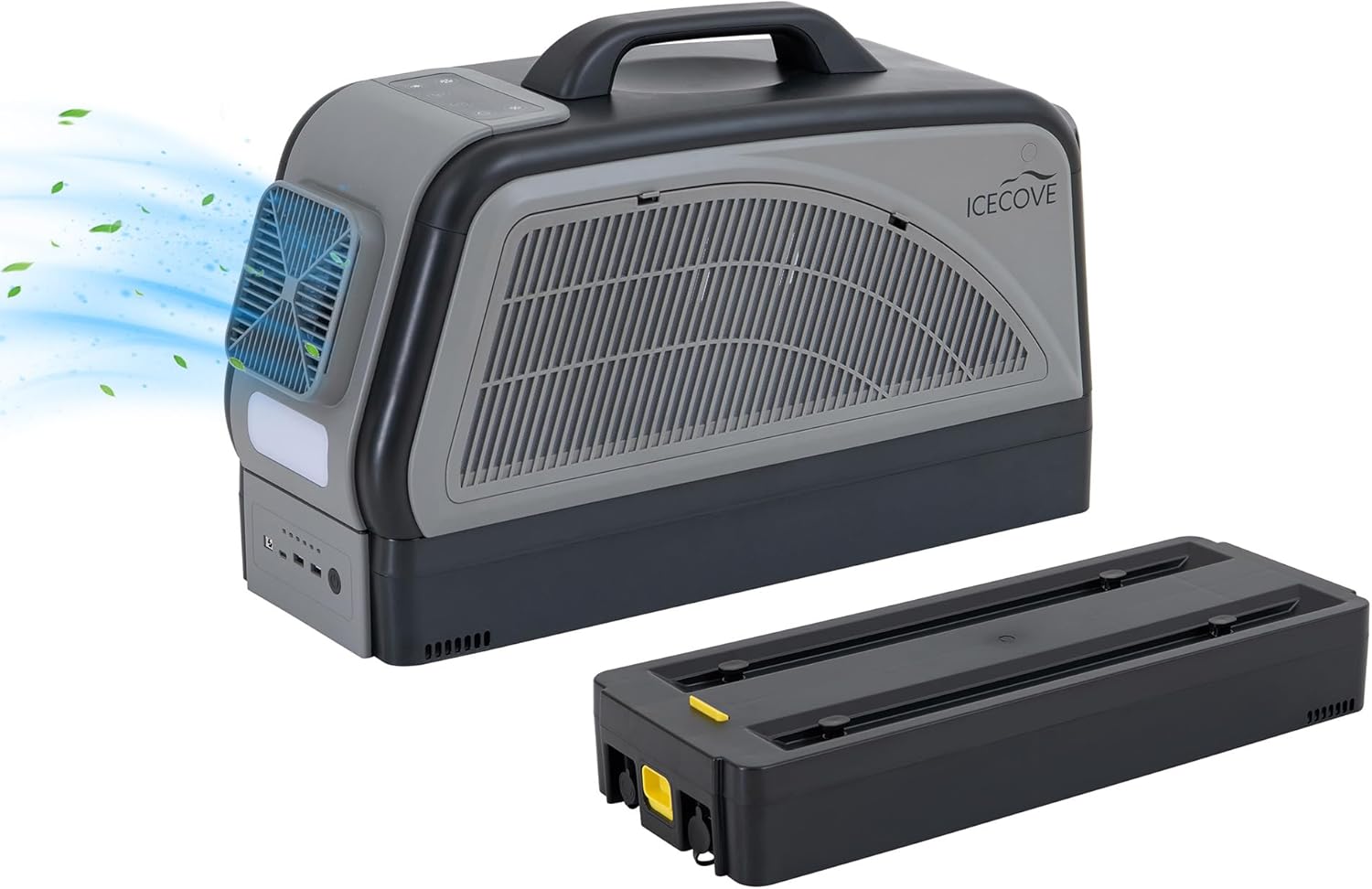 IceCove Portable Air Conditioner with Add-on 2 Batteries, 2500BTU Portable AC Unit, 250W Low Power Consumption, 25.5VDC, 2 Fan Speed, 3 Light Mode for Tent Camping RV Truck Van Life Home, Gray