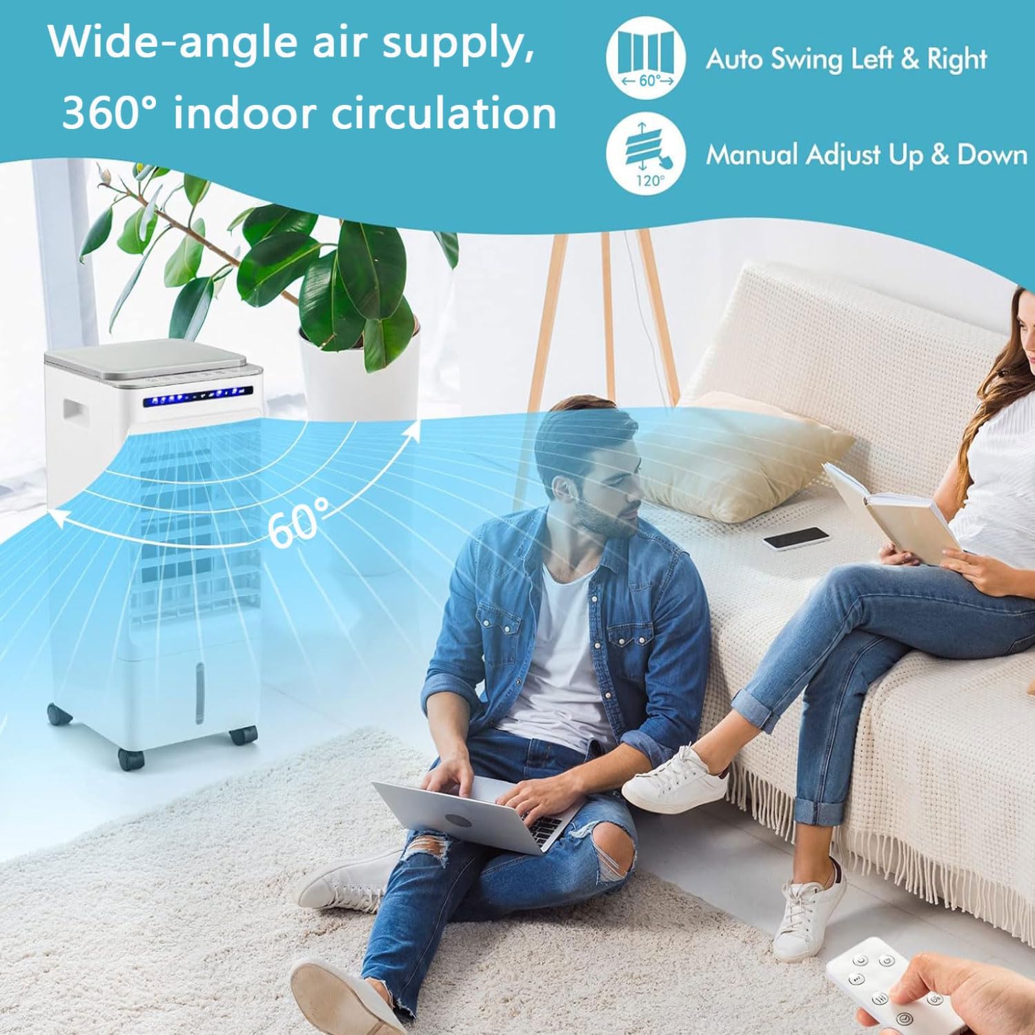 Portable Air Conditioner 3-IN-1 Ultra-Quiet Design Portable AC Unit Cooling Fan with 3 Speeds 60°Auto Oscillation 7H Timer 4 Ice Box Evaporative Air Cooler for Home Office Bedroom Camping
