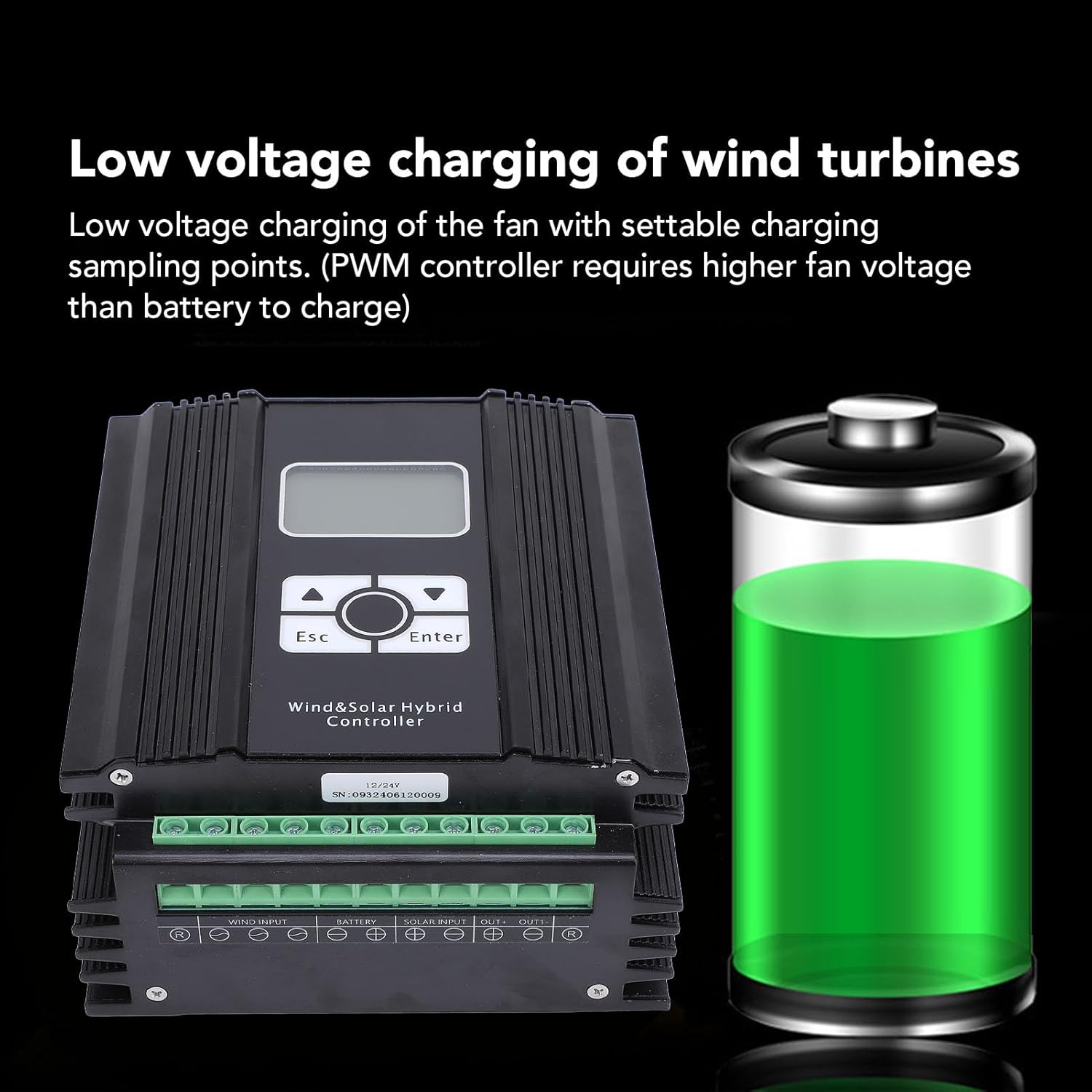 Garosa Wind Solar Charge Controller 12V/24V MPPT Hybrid Regulator with LCD Display Boost PWM Technology for Home Marine Street Light Systems (600W Fan)