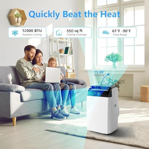 12,000 BTU (ASHRAE) / 8,000 BTU (SACC) Portable Air Conditioner for Spaces up to 550 Sq. Ft. 3-IN-1 Ultra-Quiet Room AC Unit with Cooling, Dehumidification, Fan Functions, Sleep Mode, 24-Hour Timer