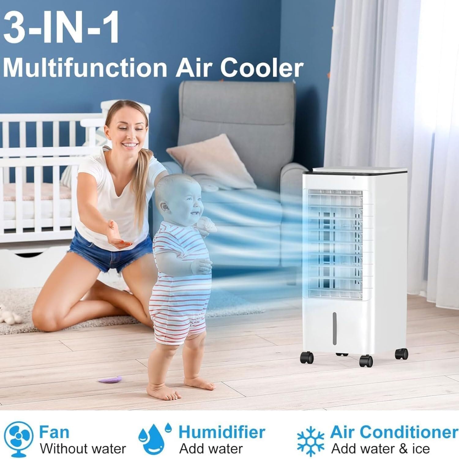 Portable Air Conditioner, 3-IN-1 Evaporative Air Cooler with Remote, 9L Tank, 4 Ice Packs, 3 Speeds, 15H Timer for Bedroom, Home, Office