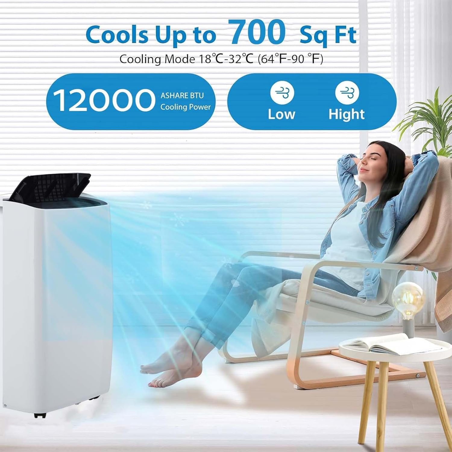 12,000 BTU Portable Air Conditioner, 3-In-1 Cool, Fan, Dehumidify Modes, Cools up to 700 sq.ft, Quiet AC Unit with LED Display, with Remote Control, 24 Hour Timer for Room, Dorm, Office