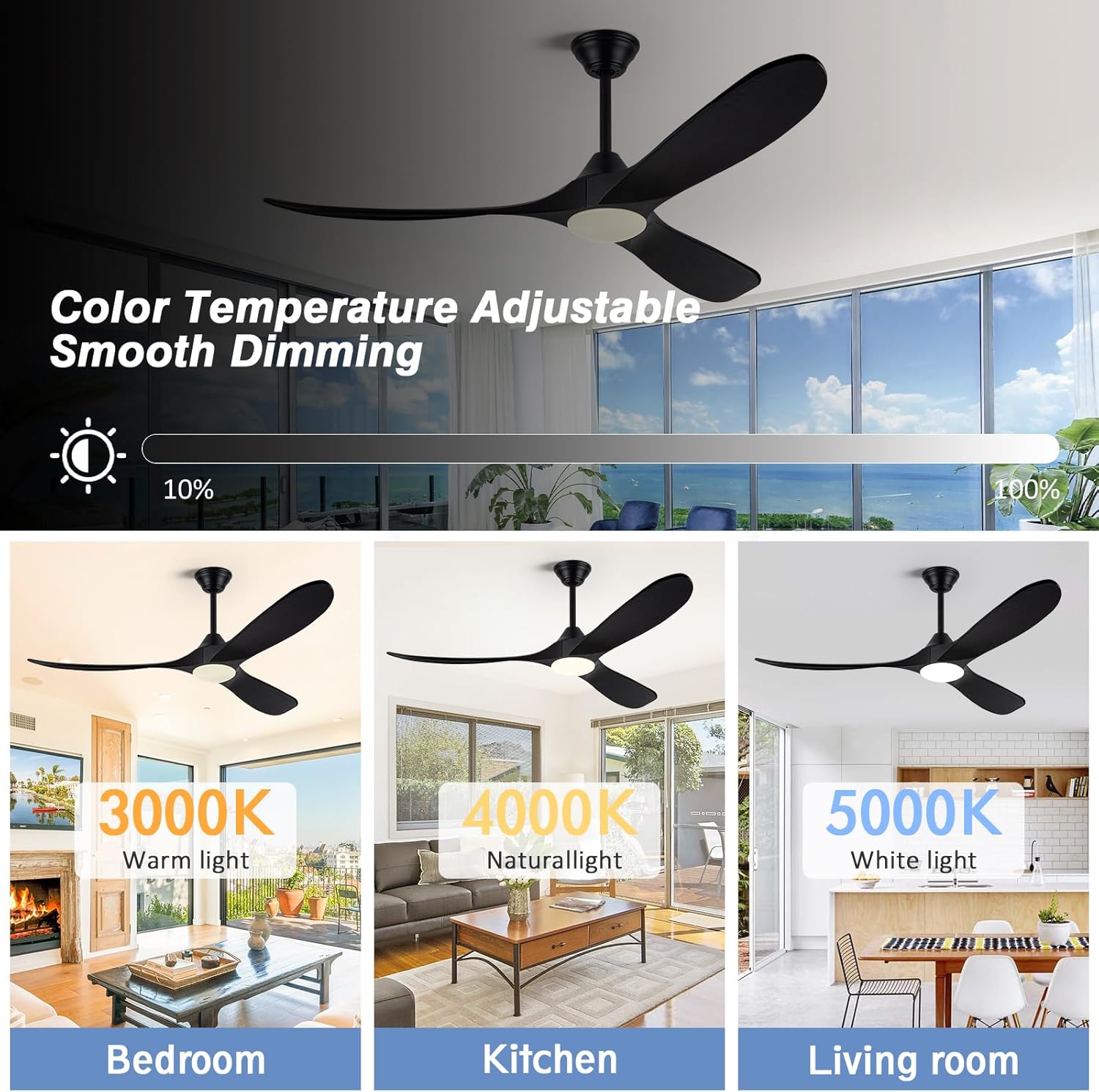 Savey'Sley 60 Inch Outdoor Ceiling Fan with Light, for Patio and Covered Porch - Quiet Energy Efficient DC Motor, 3 Black Wood Blades Rustic Farmhouse Style, Dimmable for Indoor Living Room, Bedroom