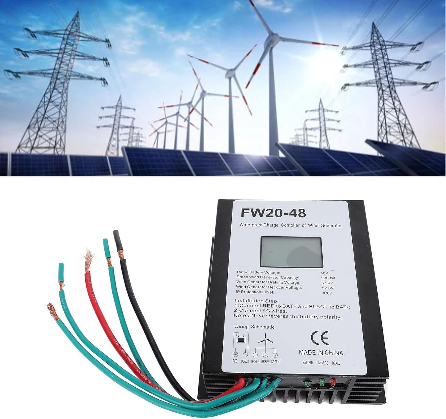 Marhynchus 2000W MPPT Wind Turbine Controller, 48V IP67 Water Aluminum Alloy Charge Controller with LED Display, for Home Wind Turbine System