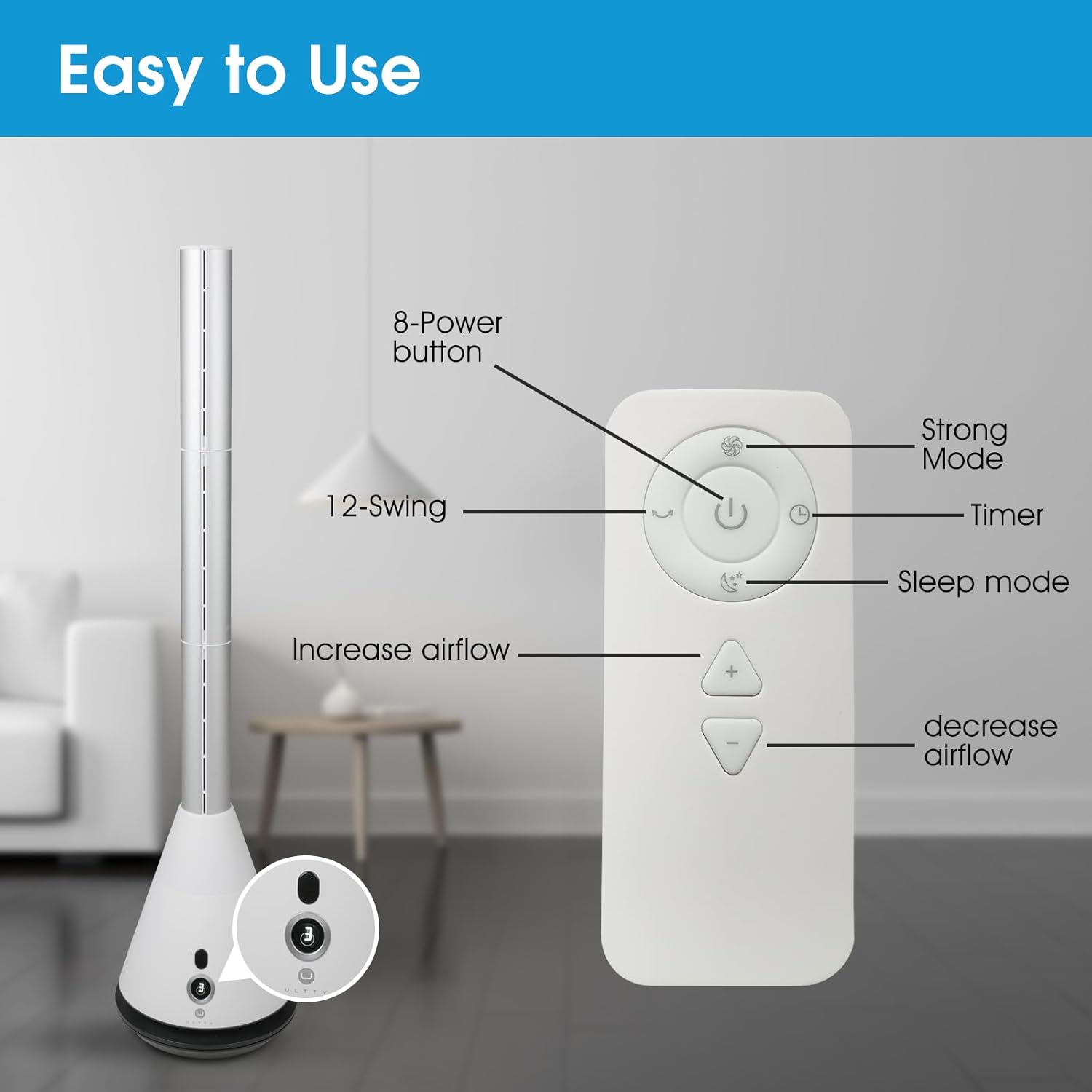 Bladeless Tower Fan with 9 Speeds, 80° Wide Oscillating Cooling Fan, Electric Standing Floor Fan with 8H Timer, Space-Saving Design for Bedroom Office