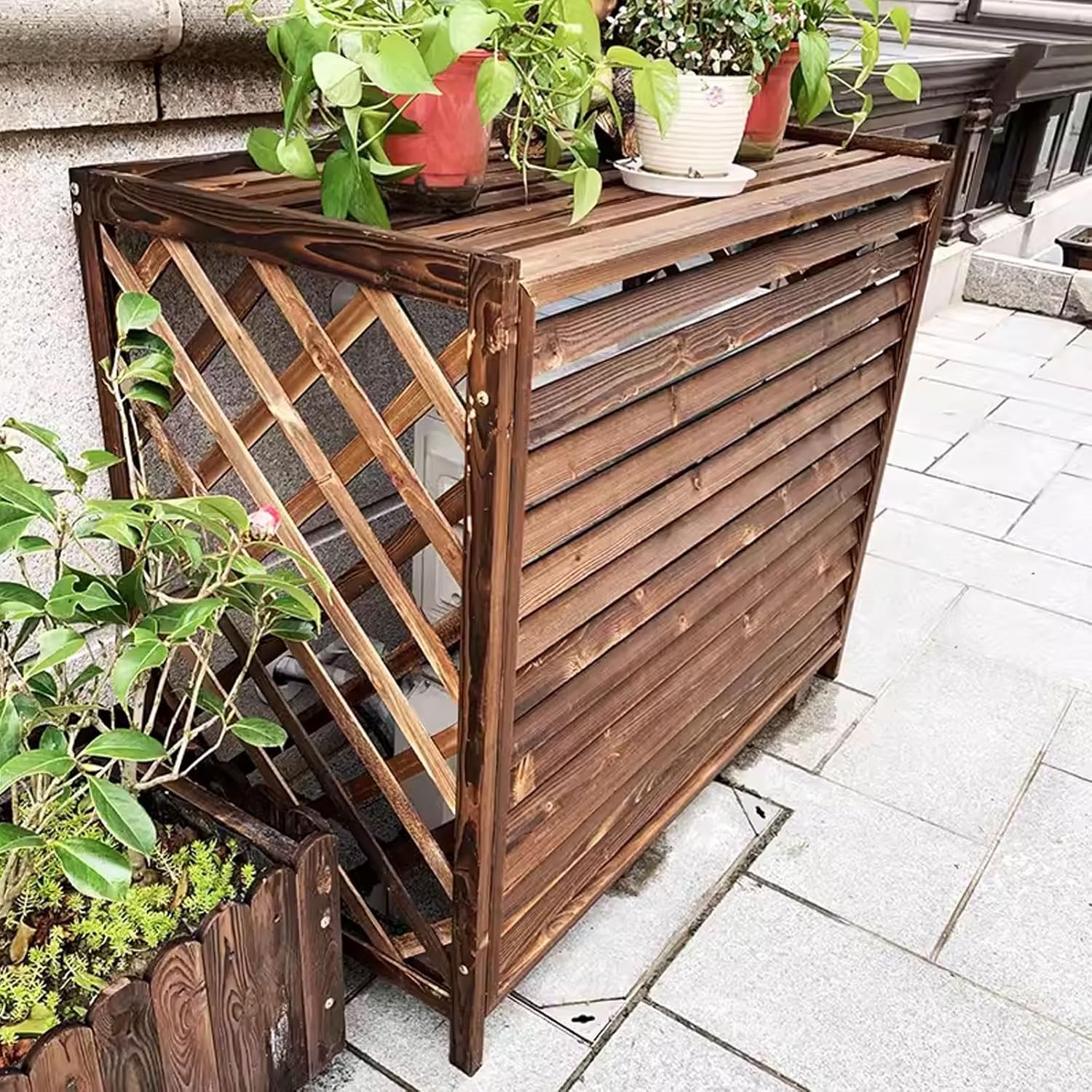 Air Conditioner Cover Condenser Wood Panel Covers For Outside Air Conditioner Louvered Cover For Air Conditioner Unit Outside, Suitable Outdoor Air Conditioner ( Color : Carbonized color , Size : 115*