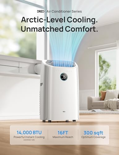 Dreo Portable Air Conditioners, 14000 BTU ASHRAE (10,000 BTU DOE) Smart AC Unit for Room with Drainage-free Cooling, APP/Voice/Remote, Fan & Dehumidifier, Quiet Standing AC for Bedroom, AC516S New