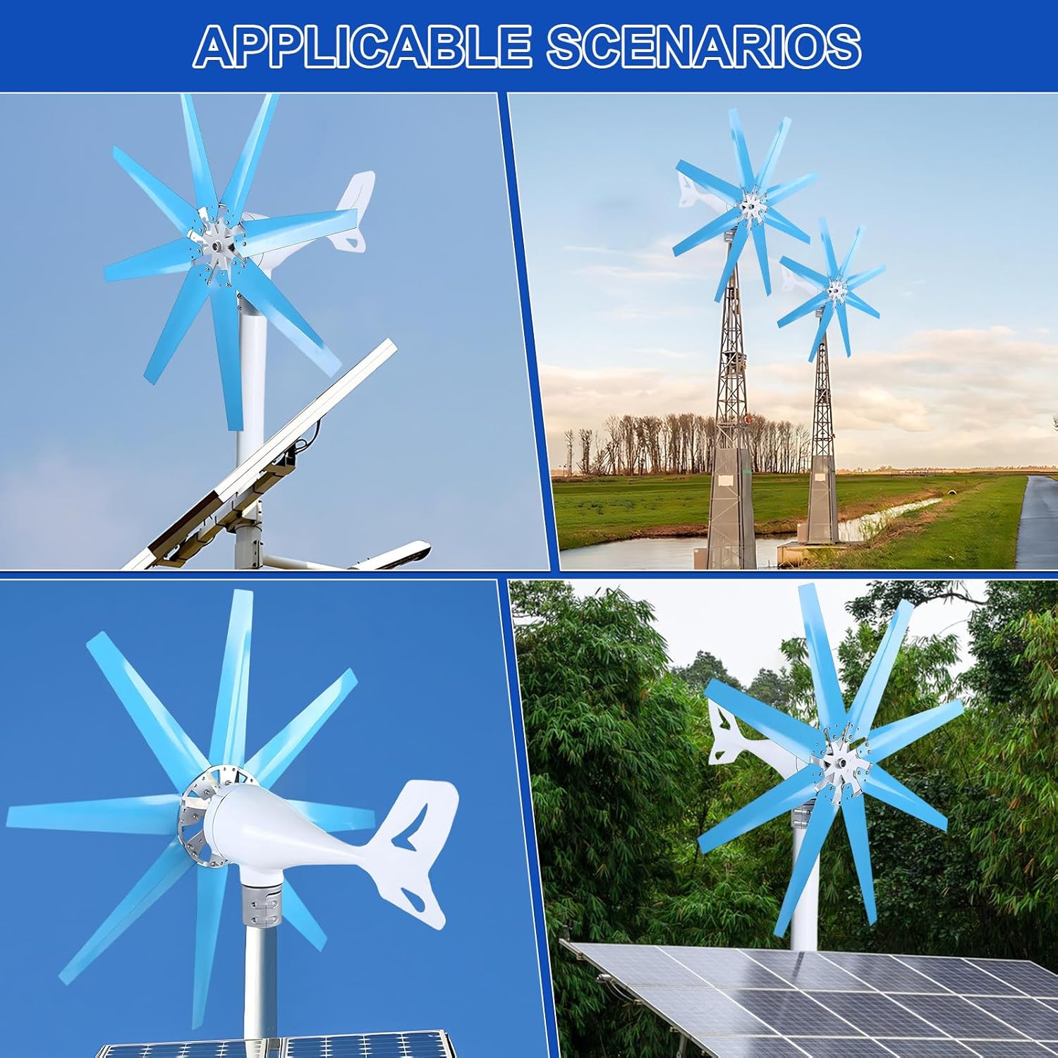 Wind Turbine Kit 100/200/300/400W 12/24V, 8-Blade Generator with Charge Controller, Magnetic Levitation Design for Home, Farm, Marine Use Blue-400W