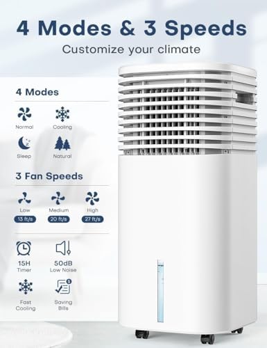 4-IN-1 Portable Air Conditioners, Evaporative Air Cooler w/4 Modes & 3 Speeds, 15H Timer for Smart Auto-off, 2-Gal Tank for 20H Cooling,17FT Remote,No Hose Needed,120°Oscillating Swamp Cooler