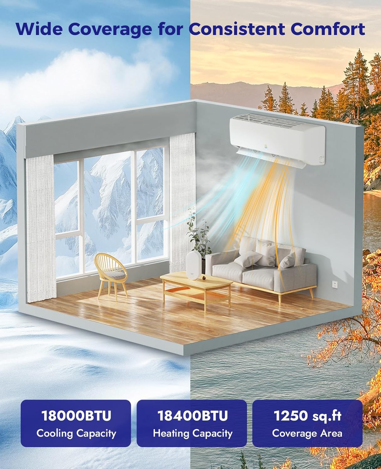 Mini Split Ac/Heating System - 18000 BTU Wall Mounted Mini Split Air Conditioner with Heat Pump, 19 SEER2 230V Energy Efficient Ductless Ac Unit Up to 1250 Sq (18000BTU, 19 SEER2)