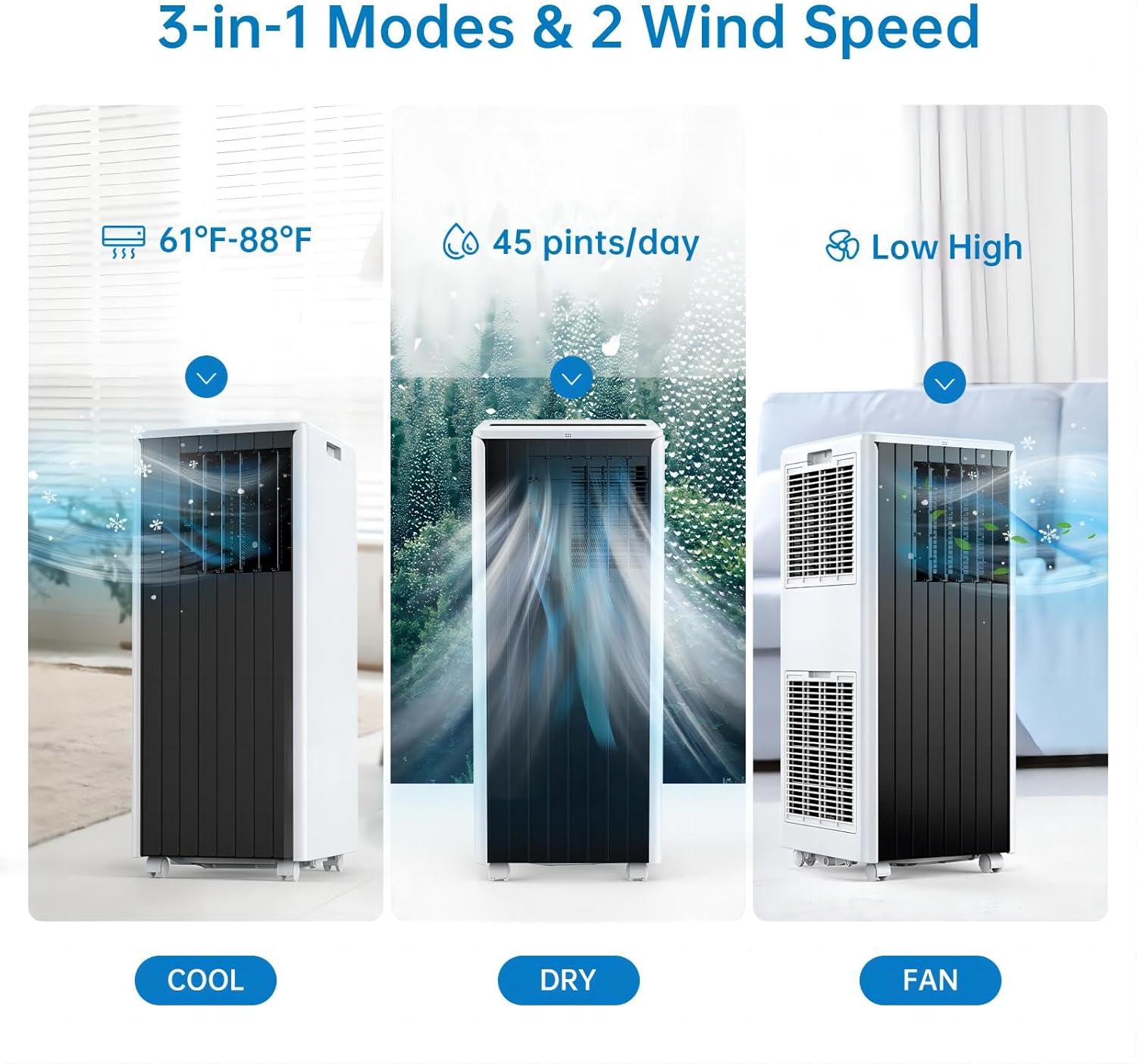 8000BTU Mobile Portable Air Conditioner, Dehumidification, Fan Functions, Temperature Range 16-31℃, Dehumidification Capacity 45L / Day, with Remote Control, Timer, White