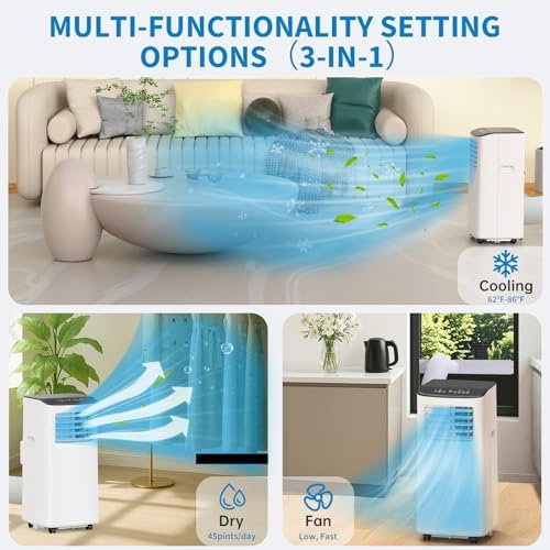 8000BTU Portable Air Conditioner, 3 in-1 Room Air Conditioner with Fan & Dehumidifier Modes, AC Unit Cools up to 350 Sq.Ft, Remote Control & 24H Timer, for Bedroom, Office and Living Room