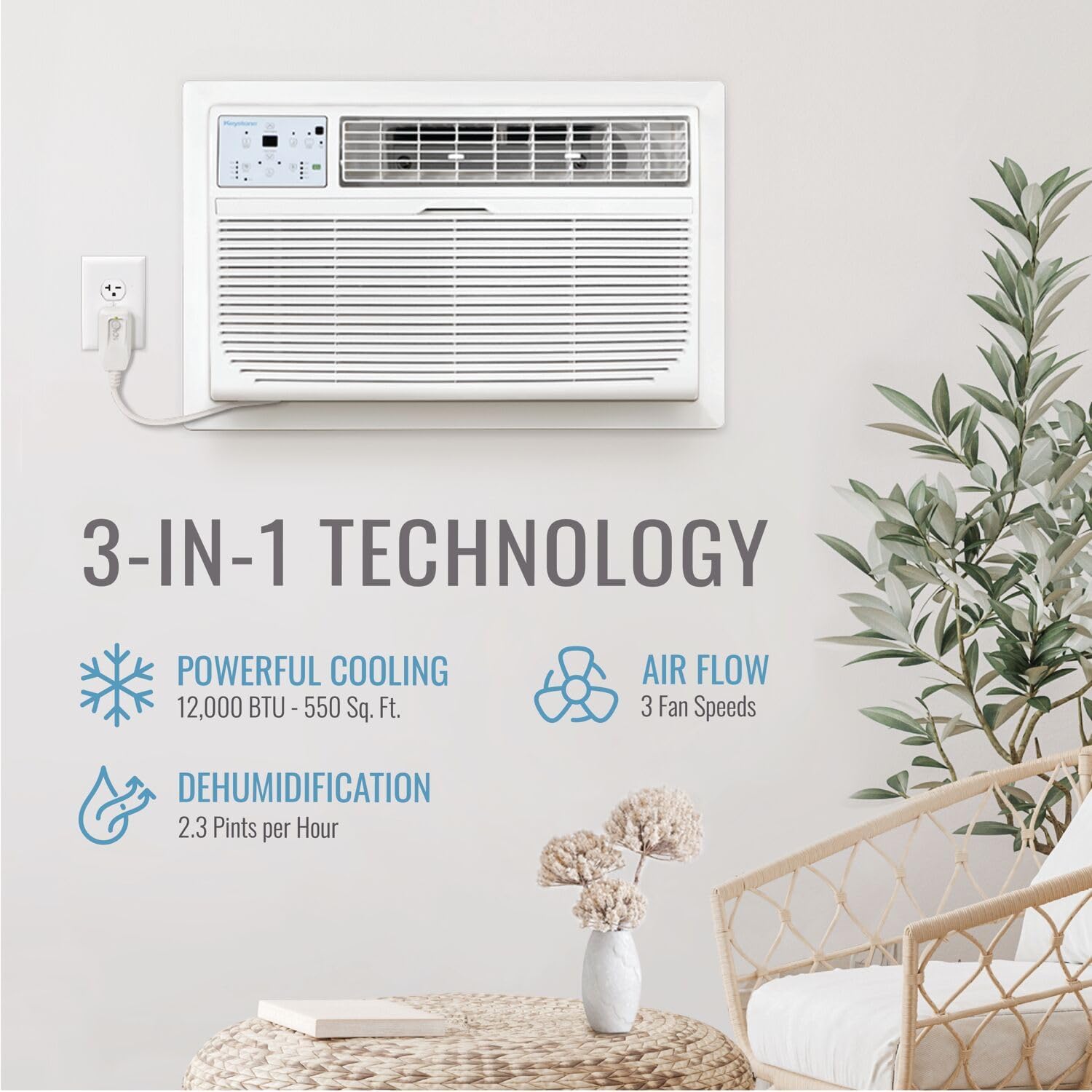 Keystone 12,000 BTU Wall Mounted AC Unit and Dehumidifier, 115V, Wall Unit for Bedroom, Bathroom, Nursery, and Medium Sized Rooms up to 550 Sq.Ft., AC Wall Unit with Remote, Quiet, High Efficiency AC