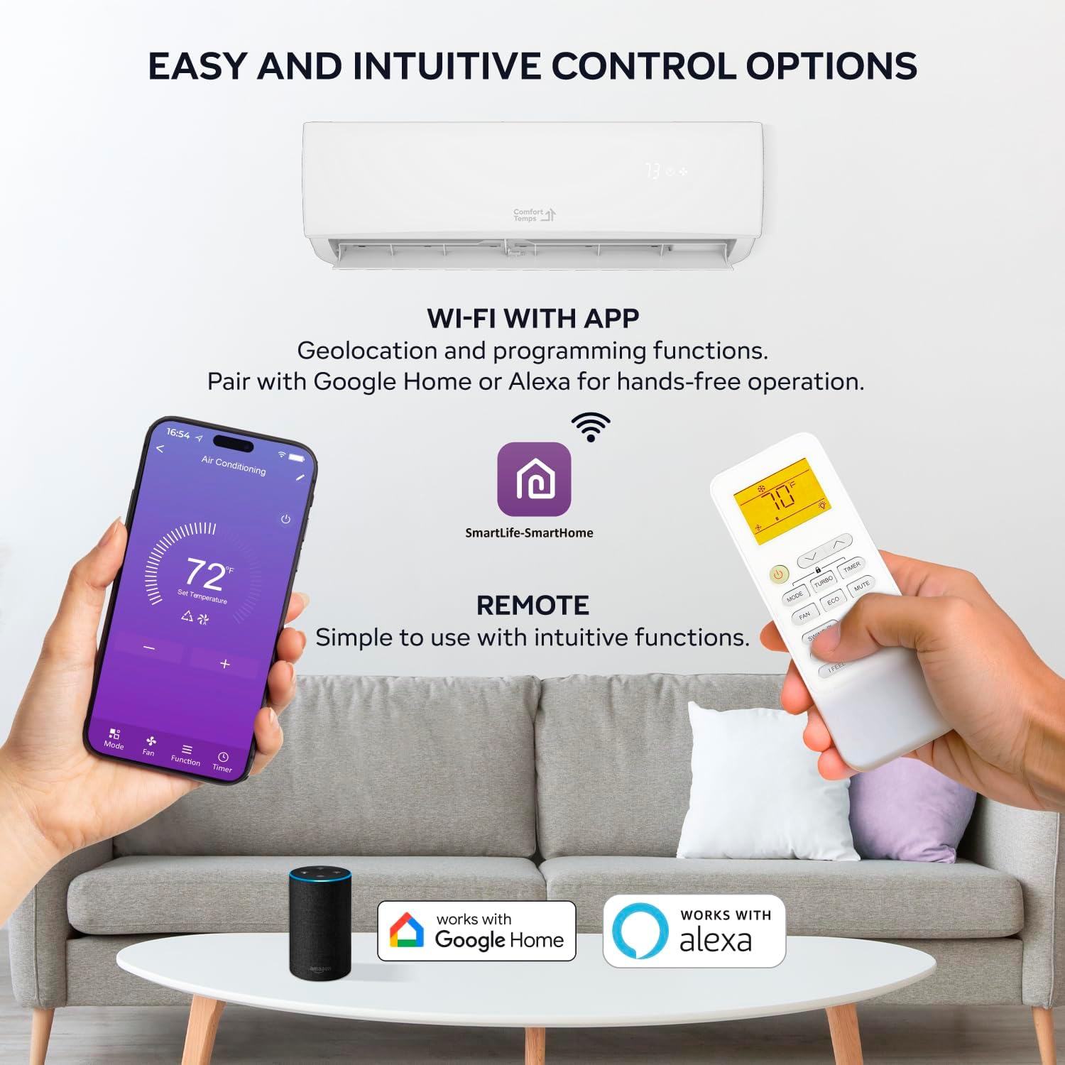 Energy-Saving 12000 BTU / 220V Ductless Mini Split AC/Heating System – 20 SEER, Pre-Charged, Quiet & Comfortable Mini Split with WiFi& Complete Easy Install Kit (Elite Series by Comfort Temps)