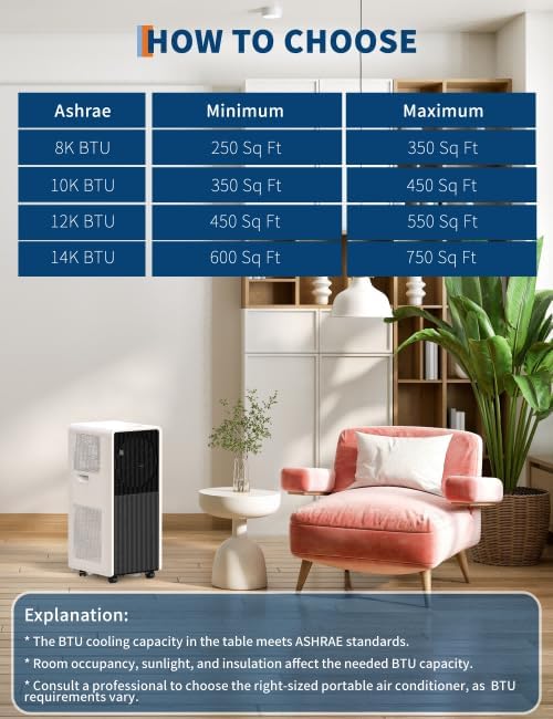 14000 BTU Portable Air Conditioners - Large 3 in-1 Standing AC Unit Cooling Up to 750 Sq.Ft - Quiet Air Condicionado with Remote Control, Cool, Fan, Dehumidifier, 24H Timer - Room Bedroom Indoor Floor