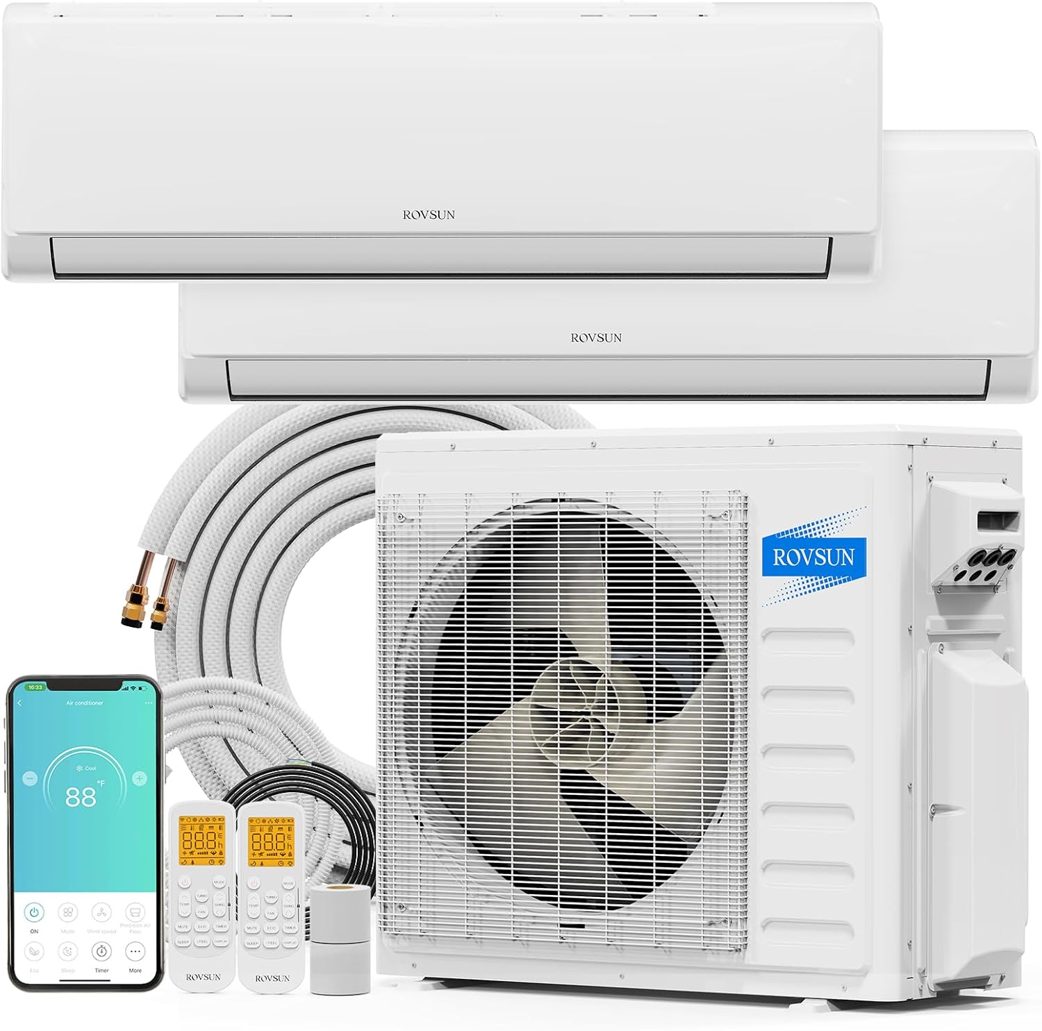 ROVSUN 28000 BTU Dual Zone WIFI Mini Split AC/Heating System, 20 SEER2 2 Zone 18000 + 18000 BTU Ductless Split Air Conditioner with Pre-Charged Condenser, Heat Pump & 25Ft Copper Line Set, 208-230V