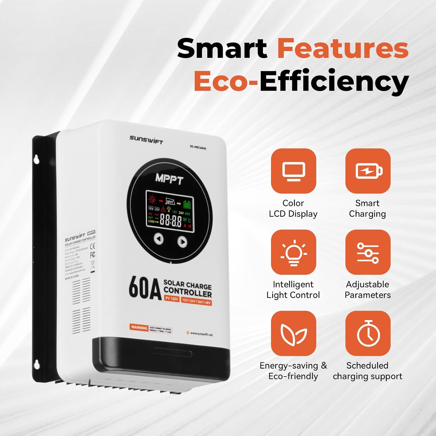 60A MPPT Solar Charge Controller, 12V/24V/36V/48V Auto, Large LCD Display, Compatible with AGM, Gel, Flooded & Lithium Batteries, Plug-and-Play, Maximum 150V Input